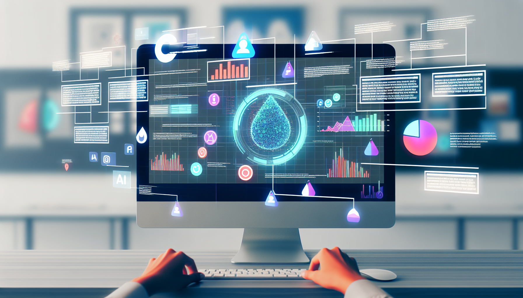 Erstellen Sie ein Bild des Prozesses der Erstellung von Inhalten fÃ¼r soziale Medien unter Verwendung von kÃ¼nstlicher Intelligenz. Ein Computerbildschirm, der in der Mitte des Bildes sichtbar ist, zeigt eine BenutzeroberflÃ¤che einer KI-gesteuerten Plattform. Die Plattform generiert textbasierte BeitrÃ¤ge, kuratiert Bilder und plant BeitrÃ¤ge fÃ¼r verschiedene soziale Netzwerke. Verschiedene Informationsgrafikelemente, wie Tortendiagramme, Liniendiagramme und Balkendiagramme, schweben Ã¼ber dem Bildschirm und reprÃ¤sentieren Analysedaten. Im Hintergrund sind Darstellungen bekannter Social-Media-Logos zu sehen, jedoch mit leichten Modifikationen, die die Vielzahl von Plattformen andeuten, mit denen die Software arbeiten kann.