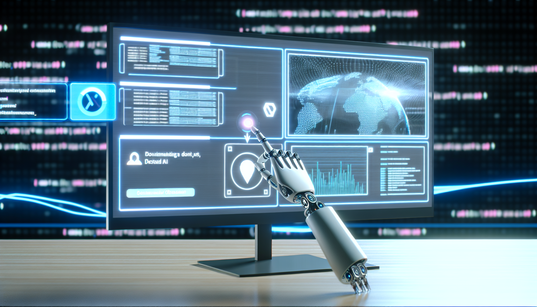 Erstellen Sie ein Bild einer futuristisch aussehenden TechnologieoberflÃ¤che, die die Erstellung von Inhalten fÃ¼r soziale Medien mithilfe von kÃ¼nstlicher Intelligenz zeigt. Die Szene sollte einen groÃŸen, eleganten Monitor zeigen, der verschiedene Grafiken und animierte Daten anzeigt und den Prozess der Inhaltserstellung suggeriert. Eine digital gerenderte Hand eines kaukasischen KI-Systems bedient den Bildschirm, verÃ¶ffentlicht ein Status-Update und plant einen Beitrag. Im Hintergrund sollten Codezeilen herunterlaufen, die die aktiven Algorithmen anzeigen. Die AtmosphÃ¤re sollte die eines modernen, hochmodernen Arbeitsplatzes sein.
