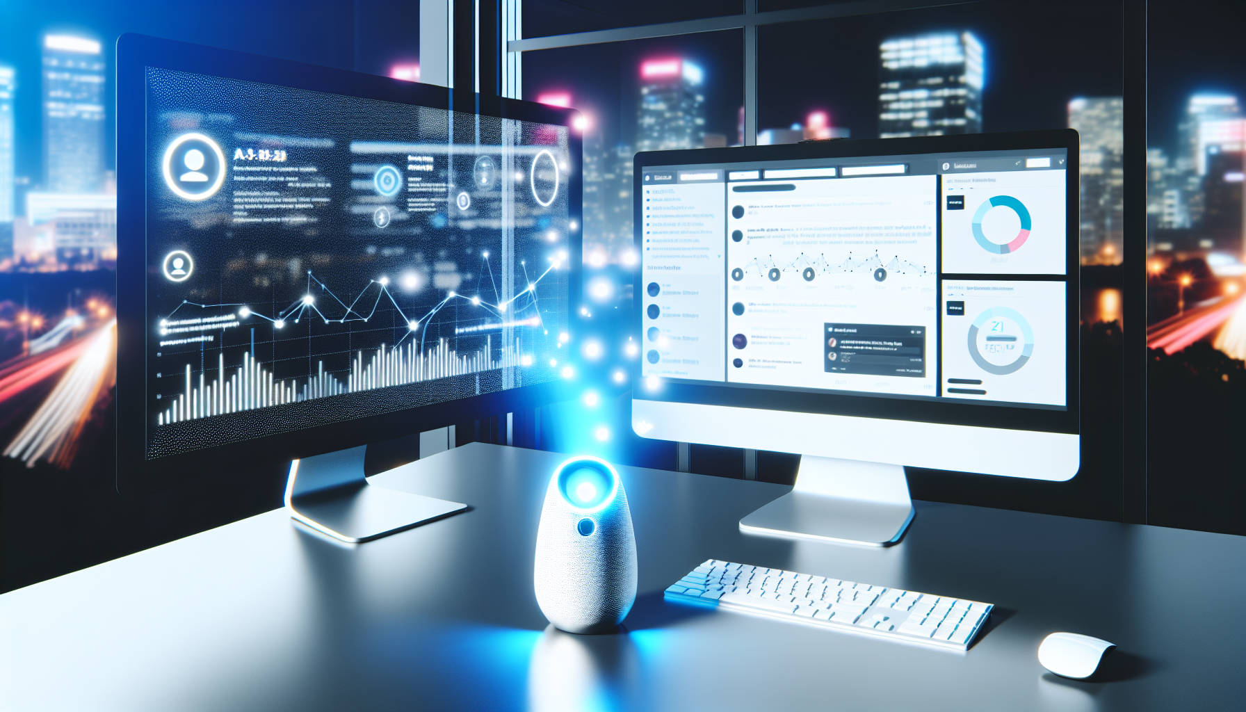 Erstellen Sie ein Bild, das die Nutzung von kÃ¼nstlicher Intelligenz zur Erstellung von Inhalten fÃ¼r soziale Medien demonstriert. Die Szene zeigt ein modernes Computer-Setup mit zwei Monitoren, die verschiedene Arten von Inhalten fÃ¼r soziale Medien anzeigen: einen Beitrag mit einer vielversprechenden Engagement-Rate und ein Diagramm, das die Traffic-Analytik zeigt. Auf dem Schreibtisch steht ein KI-gestÃ¼tzter Lautsprecher, der sanft blau leuchtet und eine Bildschirmdarstellung von Hashtags fÃ¼r aktuelle Themen produziert. Im Hintergrund ist ein Fenster zu sehen, das das geschÃ¤ftige Stadtleben zeigt und die schnelllebige Welt des Social-Media-Marketings symbolisiert.