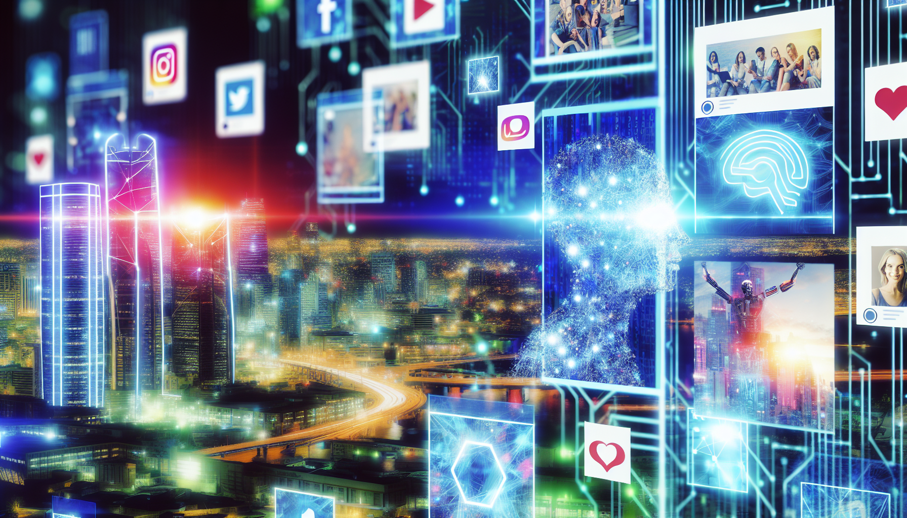Erstellen Sie eine bildliche Darstellung von kÃ¼nstlicher Intelligenz, die Inhalte fÃ¼r soziale Medien generiert. Stellen Sie sich eine futuristische, technologieorientierte Stadtlandschaft vor, in der riesige Bildschirme verschiedene soziale MedienbeitrÃ¤ge zeigen, die von einer visualisierten KI in Form eines komplexen Netzwerks aus Neon-Codes und Symbolen erstellt und verÃ¶ffentlicht werden.