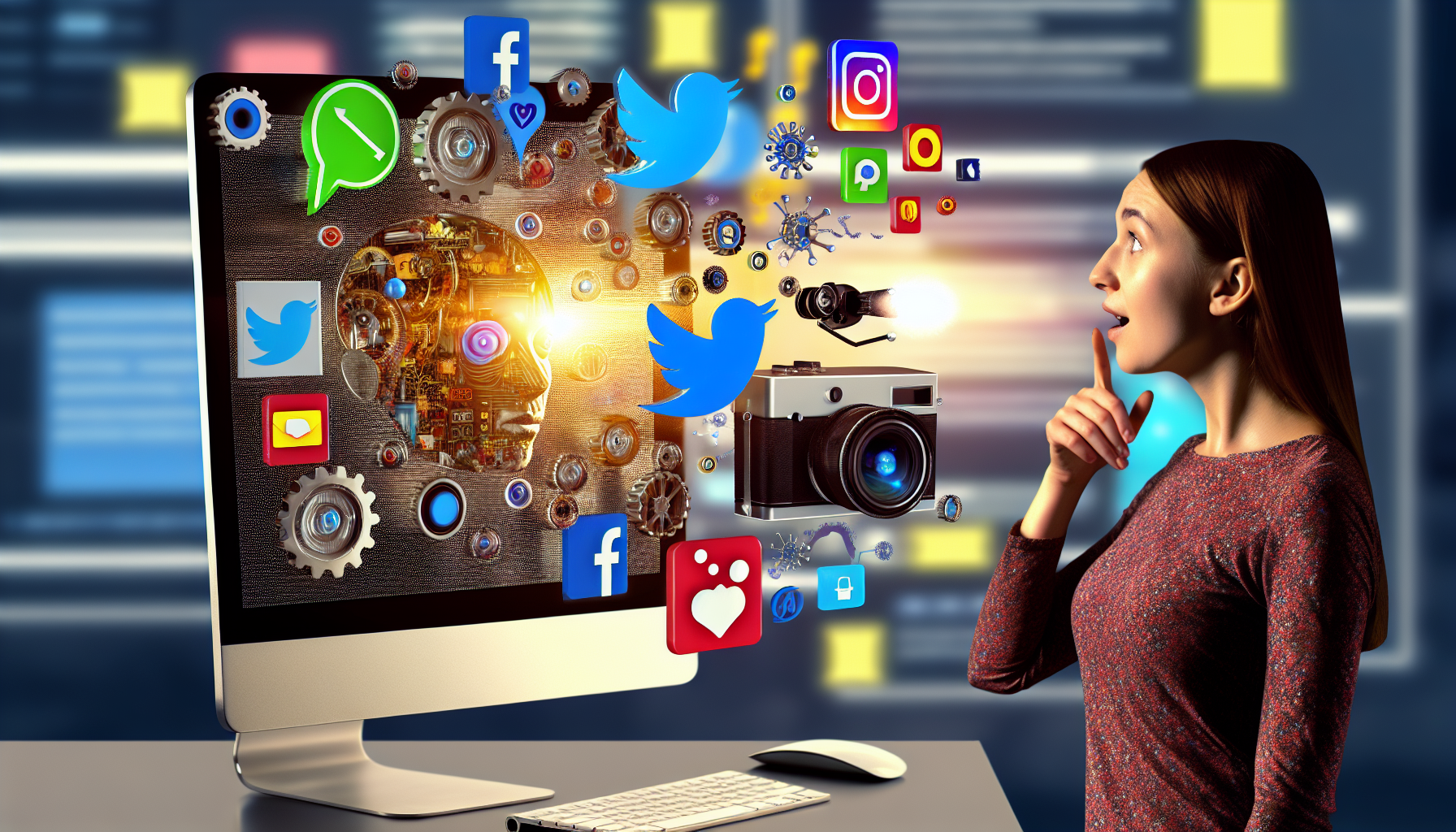 Erstellen Sie eine bildliche Darstellung fÃ¼r die Erstellung von Inhalten in sozialen Medien mithilfe von kÃ¼nstlicher Intelligenz. Zeigen Sie einen Computerbildschirm, auf dem eine KI-Software aktiv einen visuell ansprechenden Beitrag zusammenstellt. FÃ¼gen Sie Symbole hinzu, die auf beliebte soziale Medienplattformen hinweisen, wie einen Vogel fÃ¼r Twitter, eine Kamera fÃ¼r Instagram und ein Textfeld fÃ¼r Facebook. Integrieren Sie auch eine physische Darstellung des maschinellen Lernens, vielleicht ZahnrÃ¤der und Schaltkreise, die im Hintergrund arbeiten, wÃ¤hrend eine kaukasische digitale Marketingexpertin den Prozess mit Staunen beobachtet.