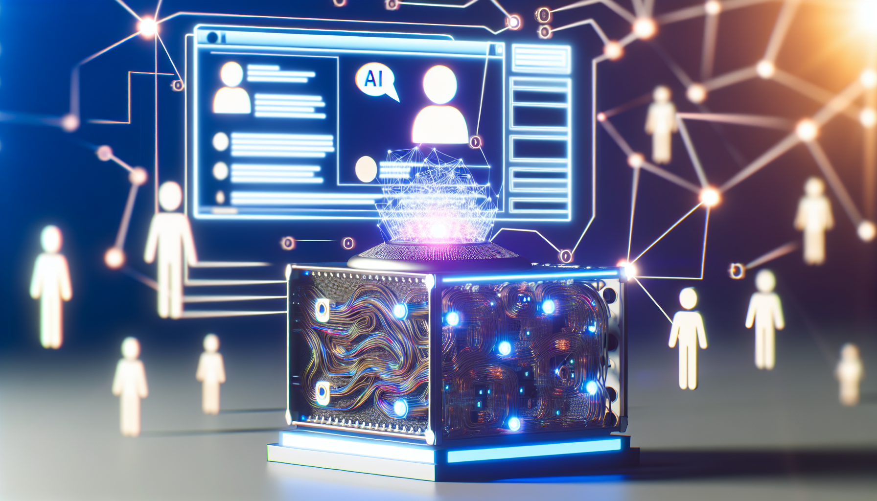 Erstellen Sie ein Bild, das das Konzept der Nutzung von KI zur Generierung von Inhalten fÃ¼r soziale Medien darstellt. Die Szene sollte einen KI-Maschine zeigen, die als futuristischer Computer dargestellt ist, eingebettet mit komplexen Schaltkreisen und leuchtenden Linien, um die Kraft der KI zu signalisieren. Vor dem Computer sollte ein virtueller Bildschirm erscheinen, der verschiedene Formen von Inhalten fÃ¼r soziale Medien zeigt, wie BeitrÃ¤ge, Kommentare und Likes. Im Hintergrund sollten einige vage menschliche Figuren zu sehen sein, die mit diesen von der KI erstellten Inhalten interagieren.