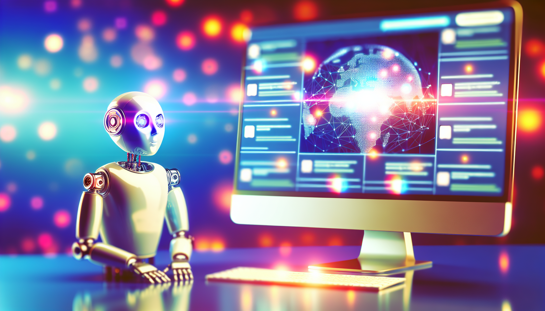 Erstellen Sie ein Bild, das das Konzept der Nutzung von kÃ¼nstlicher Intelligenz zur Erstellung von Inhalten fÃ¼r soziale Medien darstellt. Zeigen Sie einen KI-Roboter, der vor einem Computerbildschirm sitzt und ein frisch erstelltes digitales Kunstwerk auf eine generische Social-Media-Plattform hochlÃ¤dt. Der KI-Roboter sollte schlank und futuristisch sein, mit blinkenden Lichtern und komplexen DrÃ¤hten. Der Computerbildschirm sollte die Social-Media-Plattform widerspiegeln, die mit verschiedenen Inhaltsformen wie Text, Bildern und Videos gefÃ¼llt ist. Die Farben sollten lebhaft sein und die AtmosphÃ¤re technologiegetrieben.