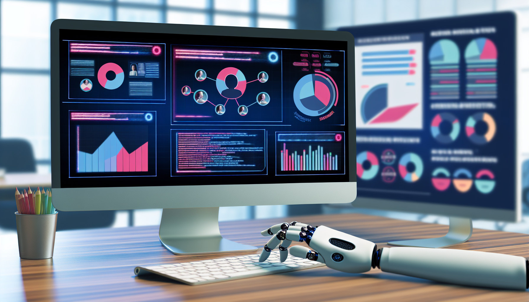 Erstellen Sie eine visuelle Darstellung von KÃ¼nstlicher Intelligenz, die Inhalte fÃ¼r soziale Medien generiert - Ein Bild, das einen Computerbildschirm mit verschiedenen Grafiken und Datenpunkten zeigt, mit einer robotischen Hand, die Ã¼ber einer Tastatur schwebt. Es sollten mehrere Fenster auf dem Computerbildschirm geÃ¶ffnet sein: eines zum Entwerfen von Social-Media-BeitrÃ¤gen, ein weiteres, das Analysen und Kennzahlen zeigt, ein drittes fÃ¼r Hashtag-Empfehlungen und ein viertes fÃ¼r Trending Topics. FÃ¼gen Sie auch bunte Tortendiagramme und Grafiken hinzu, die Engagement-Raten und Follower-Demografien anzeigen. Der Hintergrund der Szene sollte eine verschwommene BÃ¼roumgebung sein.