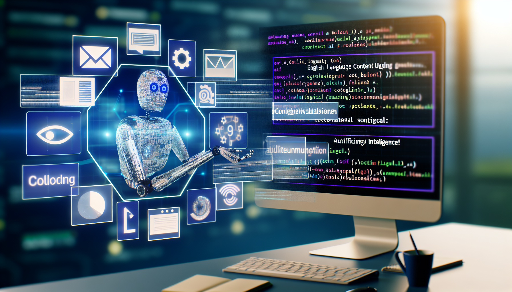 Erstellen Sie ein Bild, das das Konzept der Generierung von Inhalten fÃ¼r soziale Medien mithilfe von kÃ¼nstlicher Intelligenz zeigt. Die Szene kÃ¶nnte eine futuristische ComputeroberflÃ¤che darstellen, auf der eine vielfÃ¤ltige Mischung aus englischen Texten automatisch generiert wird, Datenvisualisierungen, laufender Code und digitale Designelemente, die sich in ansprechende BeitrÃ¤ge wie Infografiken, Artikel und Multimedia-Posts verwandeln. Stellen Sie sich auÃŸerdem eine metaphorische Darstellung von KI in Form einer robotischen Hand vor, die dabei ist, diese BeitrÃ¤ge zu erstellen, um den Aspekt des maschinellen Lernens zu betonen.