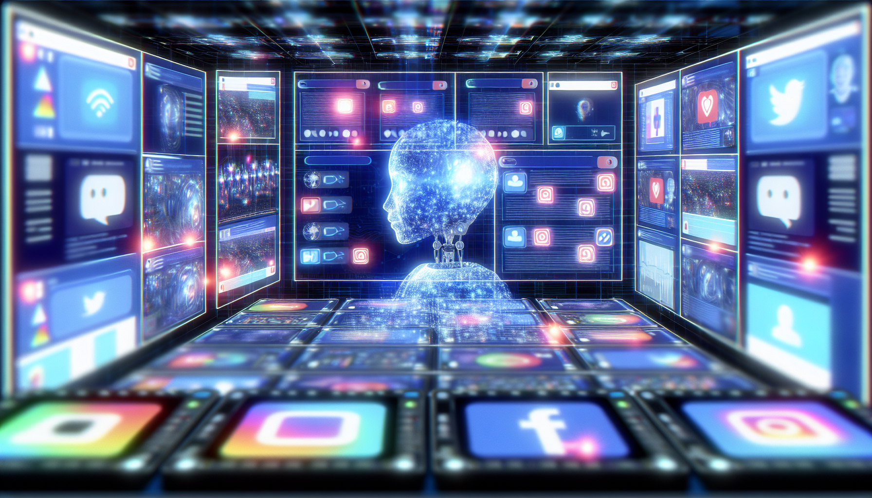 Stellen Sie sich ein Szenario vor, in dem kÃ¼nstliche Intelligenz zur Erstellung von Inhalten fÃ¼r soziale Medien eingesetzt wird. Es zeigt einen futuristischen Kontrollraum, der mit holografischen Bildschirmen gefÃ¼llt ist, die verschiedene soziale Medienplattformen anzeigen. In der Mitte befindet sich eine KI, dargestellt als ein Cluster aus leuchtenden Lichtern, die fleiÃŸig arbeitet. Sie analysiert und erstellt Inhalte, die als dynamisch wechselnde Bilder und Texte auf den holografischen Bildschirmen sichtbar sind.
