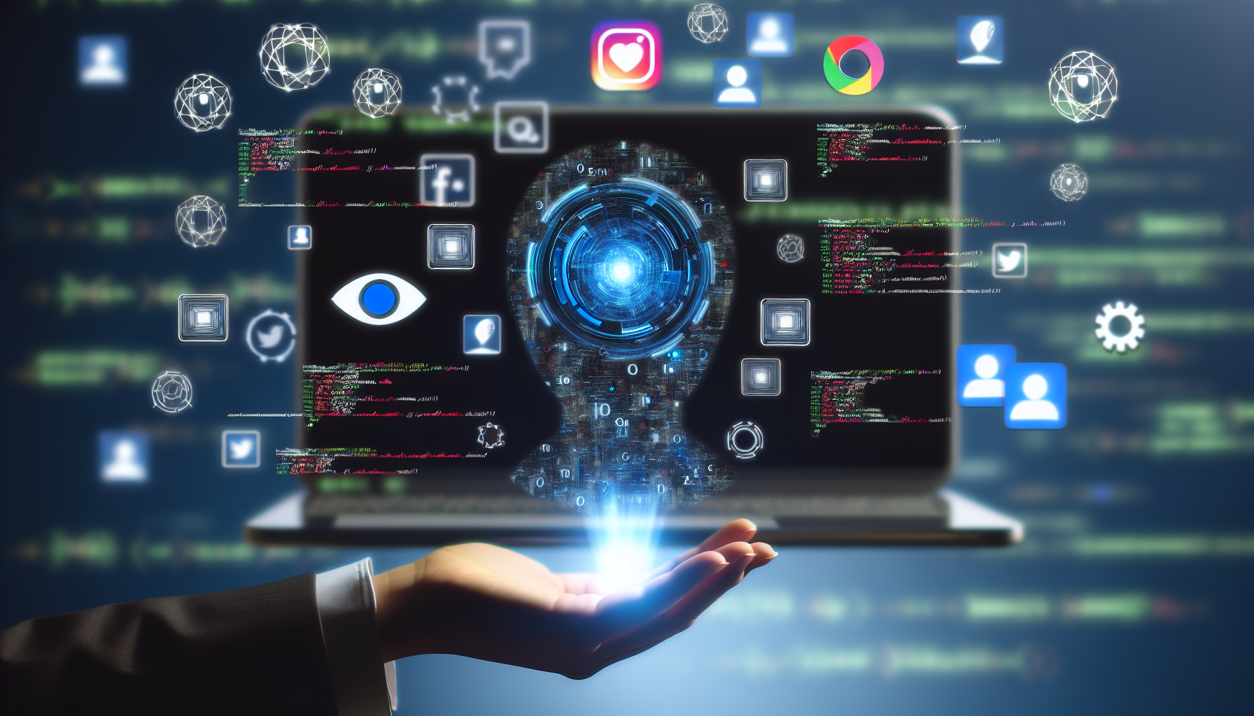Erstellen Sie ein Bild, das das Konzept der Nutzung von kÃ¼nstlicher Intelligenz zur Generierung von Inhalten fÃ¼r soziale Medien darstellt. Es zeigt einen futuristischen Computer mit fortschrittlichen Algorithmen und Programmiersprachen auf dem Bildschirm, umgeben von einer Vielzahl von sozialen Medien-Icons, die um ihn herum schweben.