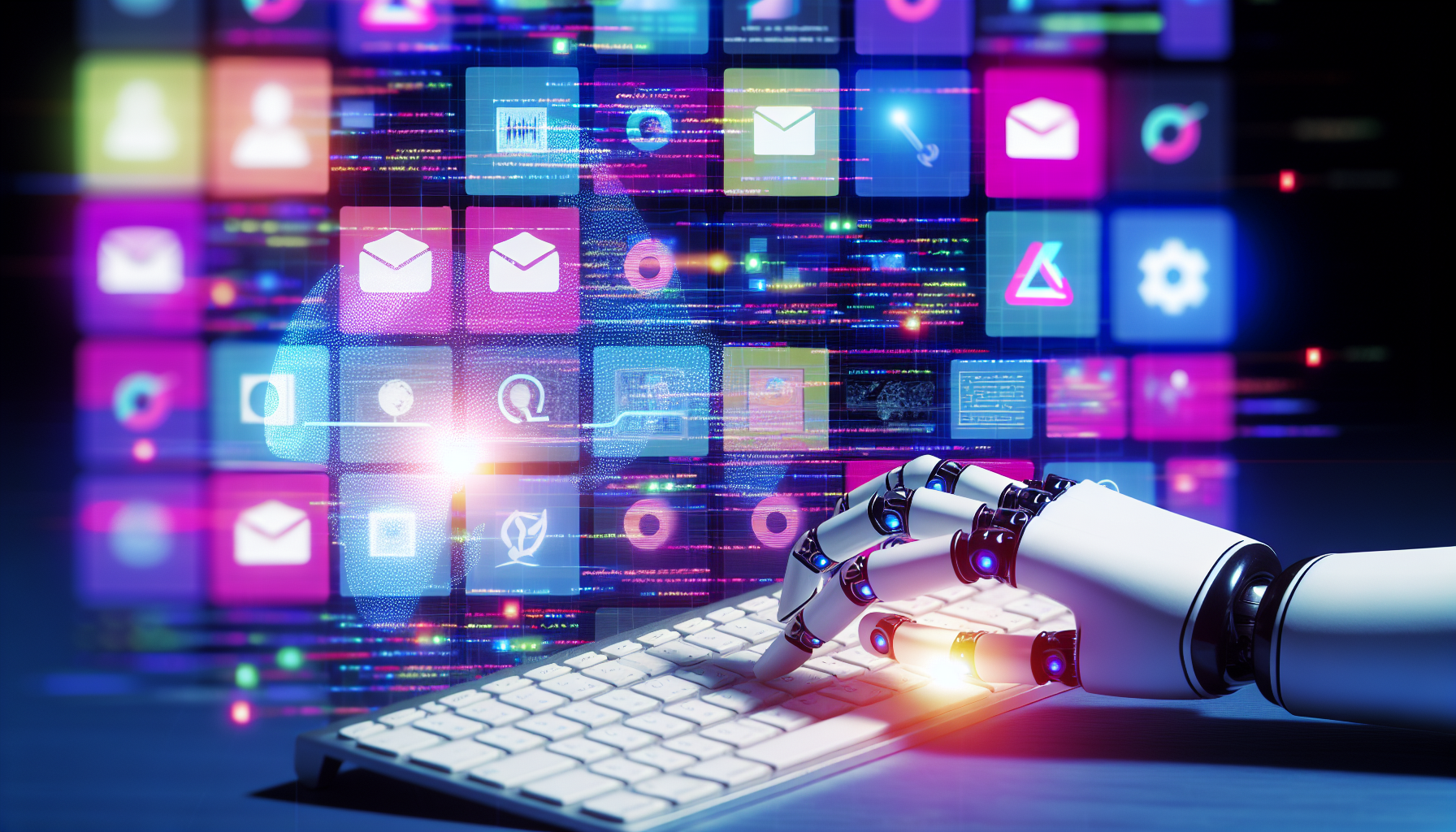 Erstellen Sie ein Bild, das das Konzept der Nutzung von kÃ¼nstlicher Intelligenz zur Generierung von Inhalten fÃ¼r soziale Medien darstellt. Integrieren Sie einen hellen Bildschirm, der mit verschiedenen Website-Icons leuchtet, ein Raster von zahlreichen BeitrÃ¤gen, die eine Vielzahl lebendiger Farben zeigen, und fortschrittliche Algorithmen, symbolisiert durch Codezeilen und komplexe Diagramme. Im Vordergrund sollte eine robotische Hand zu sehen sein, die auf einer eleganten Tastatur tippt, um die Idee der Automatisierung zu veranschaulichen.