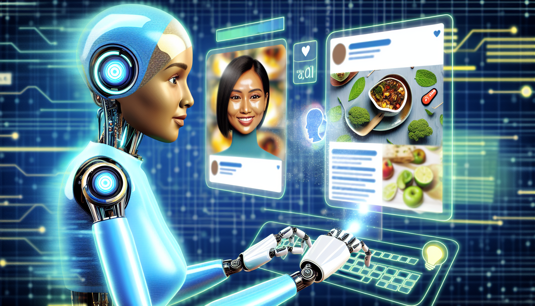 Eine Illustration von kÃ¼nstlicher Intelligenz, die Inhalte fÃ¼r soziale Medien generiert. Sie zeigt einen futuristischen Bildschirm mit einem weiblichen sÃ¼dasiatischen KI-Roboter, der durch ein elegantes, metallisches Design gekennzeichnet ist und auf einer virtuellen Tastatur tippt. Neben ihr zeigt ein schwebendes Fenster eine Vielzahl von Social-Media-BeitrÃ¤gen zu unterschiedlichen Themen wie Natur, Technologie und Rezepten. Eine Leiste oben zeigt den Fortschritt der KI bei der Erstellung der BeitrÃ¤ge. Alle Aspekte sollten in einem lebendigen, modernen Stil vermittelt werden, der die fortschrittliche Technologie einfÃ¤ngt.