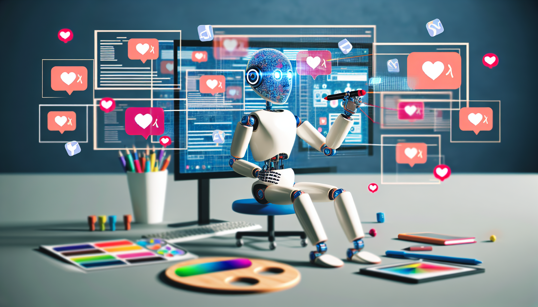 Stellen Sie sich ein kÃ¼nstliches Intelligenzsystem vor, das mit der Erstellung von Inhalten fÃ¼r soziale Medien beschÃ¤ftigt ist. Die KI kÃ¶nnte als Roboter personifiziert werden, der an einem Schreibtisch sitzt, umgeben von mehreren Bildschirmen, die verschiedene soziale Medienplattformen anzeigen. In einer Hand hÃ¤lt der Roboter einen Stylus, mit dem er eine eingÃ¤ngige Bildunterschrift schreibt, wÃ¤hrend er mit der anderen Hand die SÃ¤ttigung eines Bildes mit einem Regler anpasst. nZusÃ¤tzlich kÃ¶nnten weitere Elemente, die mit der Inhaltserstellung verbunden sind, hinzugefÃ¼gt werden, wie eine Farbpalette zur Erstellung von Grafiken und schwebende Hashtags, die um den Roboter kreisen. Der Schreibtisch kÃ¶nnte auch Notizen, Skizzen und inspirierende Zitate enthalten, um die kreative AtmosphÃ¤re zu verstÃ¤rken.
