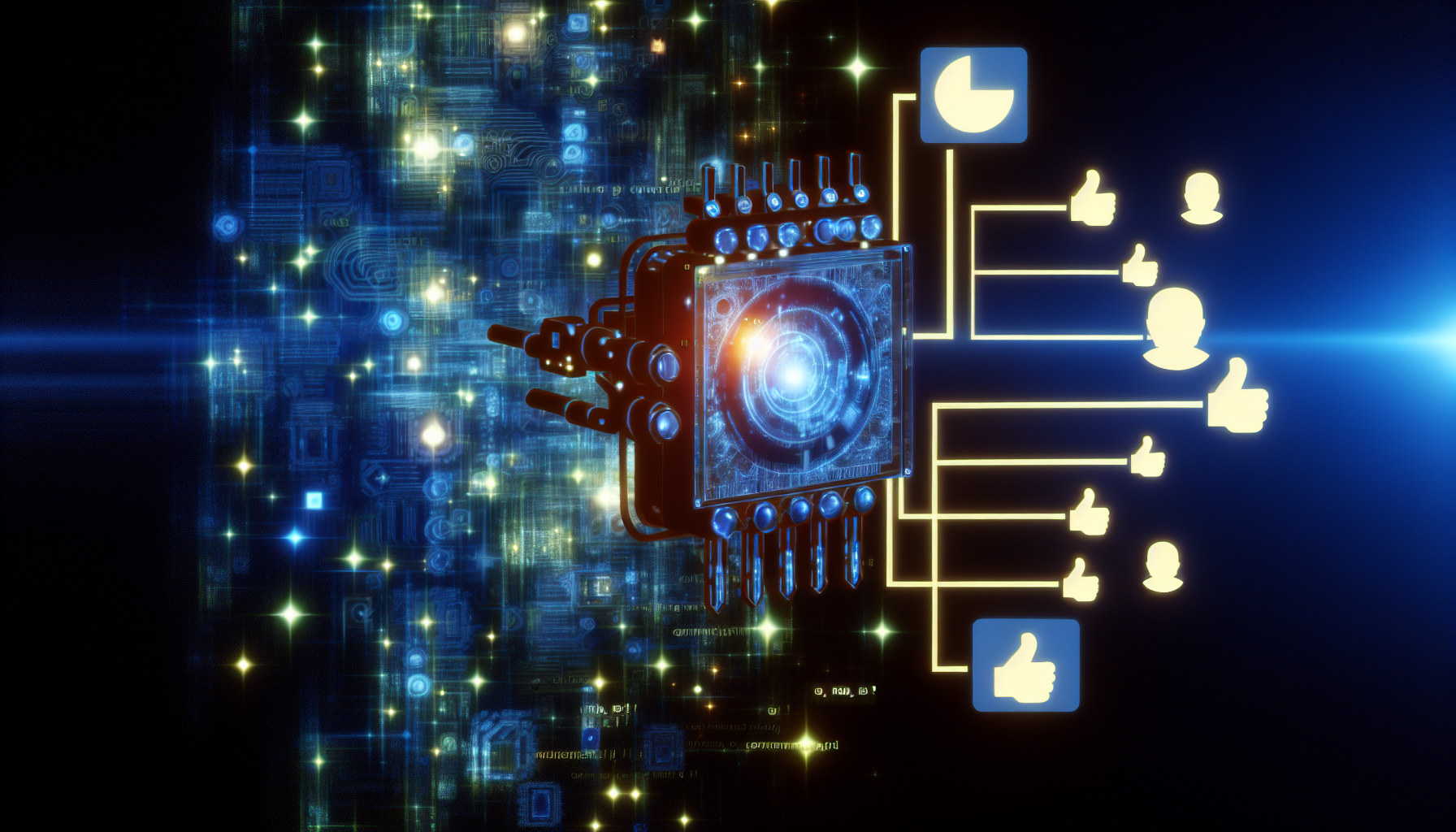 Erstellen Sie ein Bild, das das Konzept der Nutzung von kÃ¼nstlicher Intelligenz zur Generierung von Inhalten fÃ¼r soziale Medien darstellt. Dies sollte eine detaillierte Darstellung einer futuristischen Maschine oder eines GerÃ¤ts zeigen, mit Symbolen oder visuellen Metaphern, die darstellen, wie es mit verschiedenen sozialen Medien-Icons wie denen fÃ¼r Posten, Kommentieren und Liken interagiert. Die Maschine sollte aus Teilen bestehen, die an einen Computer-Chip erinnern, mit komplexen Schaltkreisen und leuchtenden Lichtern.