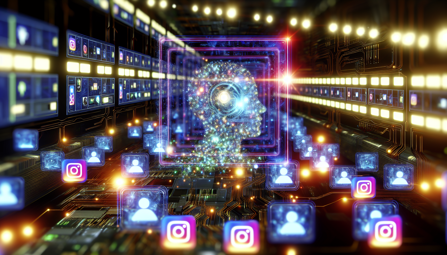 Erstellen Sie ein Bild, das ein kÃ¼nstliches Intelligenzsystem zeigt, das Inhalte fÃ¼r soziale Medien erstellt. Zeigen Sie eine futuristische Umgebung mit einem komplexen Bedienfeld, zahlreichen hell erleuchteten Bildschirmen, die soziale Medienplattformen anzeigen, und lebhaft eingravierten Schaltkreisen, die auf die Beteiligung der KI hinweisen. Das KI-System wird als elegante Verschmelzung von Lichtern, Schaltkreisen und Hologrammen dargestellt. Es gibt einen visuellen Datenfluss, der durch leuchtende digitale Partikel hervorgehoben wird, die in Form von Text, Bildern und Videoinhalten auf dem Bildschirm umsortiert und angeordnet werden.