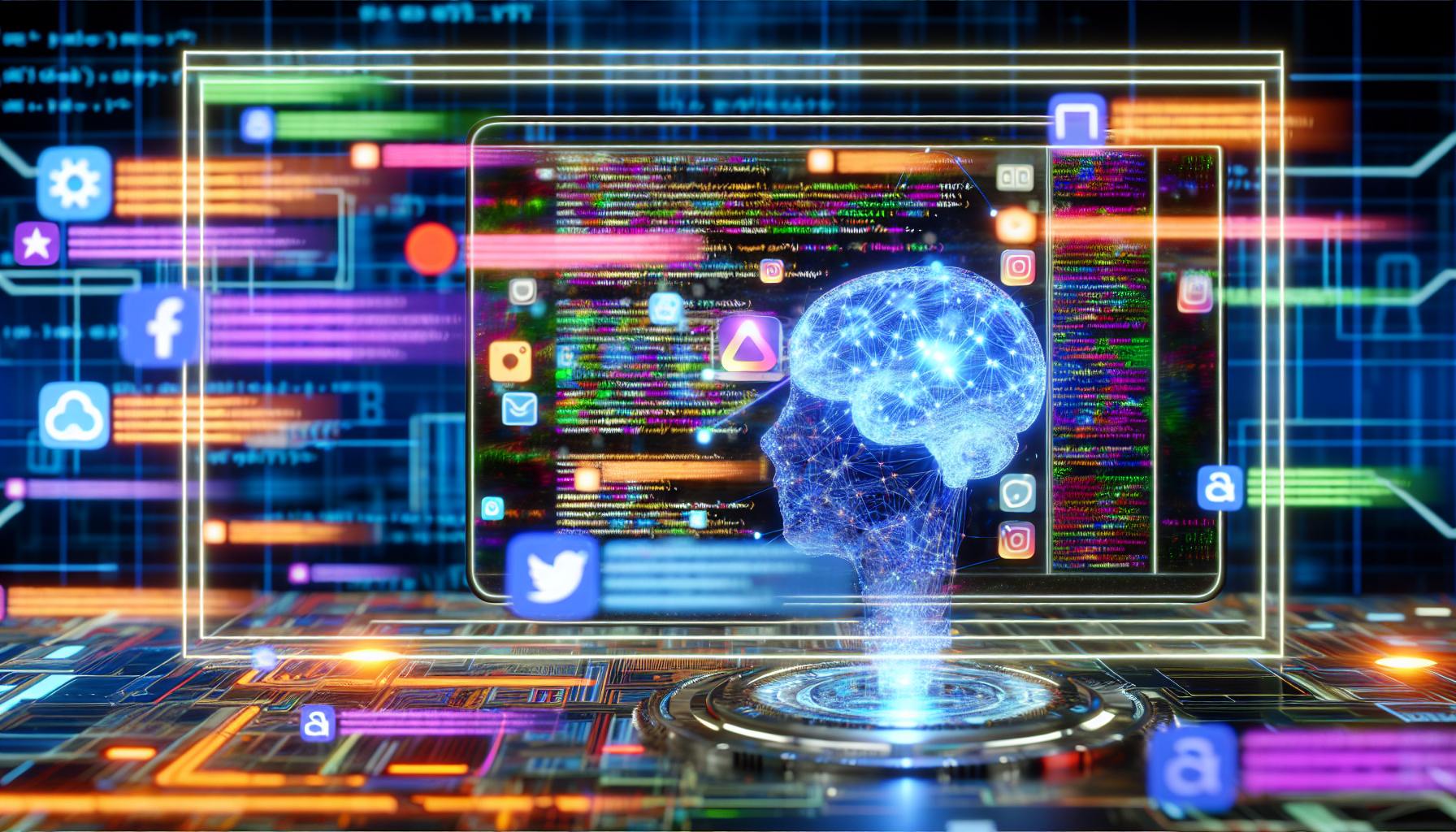 Eine Darstellung eines kÃ¼nstlichen Intelligenzsystems, das Inhalte fÃ¼r soziale Medien erstellt. Die KI kÃ¶nnte als futuristische Computeranordnung mit mehreren Bildschirmen dargestellt werden, die verschiedene Arten von Social-Media-BeitrÃ¤gen anzeigen, einschlieÃŸlich Hashtags, Emojis und Trending Topics. Im Hintergrund laufen komplexe Codesequenzen, die den 'Denkprozess' der KI symbolisieren. Diese digitale Umgebung kann eine Palette von Farben von Neonblau bis leuchtendem Orange widerspiegeln, um die dynamische und schnelllebige Natur der sozialen Medien zu verdeutlichen.