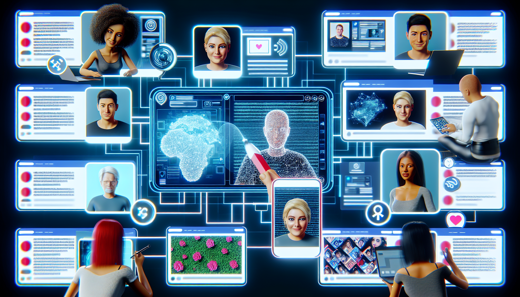 Erstellen Sie Inhalte fÃ¼r soziale Medien mit kÃ¼nstlicher Intelligenz, die eine vielfÃ¤ltige Gruppe von Nutzern zeigt, die mit dem System interagieren. Es sollte die Interaktion zwischen Technologie und Nutzern hervorheben und zeigen, wie das System autonom eine Vielzahl von fesselnden BeitrÃ¤gen erstellt. Es kÃ¶nnten Avatare verschiedener Geschlechter und Abstammungen dargestellt werden: eine kaukasische Frau, ein sÃ¼dasianischer Mann und ein hispanischer Mann, die an ihren jeweiligen TechnologieoberflÃ¤chen arbeiten. Die Szene sollte den reibungslosen und kreativen Prozess der Inhaltserstellung betonen, wobei Elemente von KI-Tools sichtbar sind.