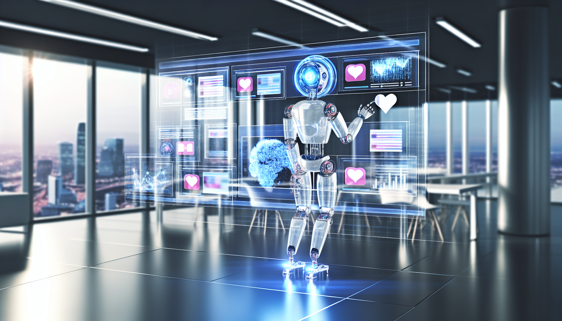 Generiere ein Bild von kÃ¼nstlicher Intelligenz, die Inhalte fÃ¼r soziale Medien erstellt. Die Szene zeigt eine futuristische, transparente AI-robotische Hand, die auf einem hochmodernen holografischen Bildschirm tippt, der verschiedene soziale Medienplattformen anzeigt. Der Bildschirm ist gefÃ¼llt mit ansprechenden Inhalten wie BlogbeitrÃ¤gen, Infografiken, Videos und Audioclips. Der Raum um die KI herum ist ein moderner Arbeitsplatz mit eleganten MÃ¶beln aus Silber und Glas, und ein groÃŸes Fenster bietet einen Blick auf eine Stadtlandschaft mit hoch aufragenden Wolkenkratzern. Ein sanftes, blaues Licht beleuchtet die Szene und spiegelt die digitale Natur der Arbeit wider.