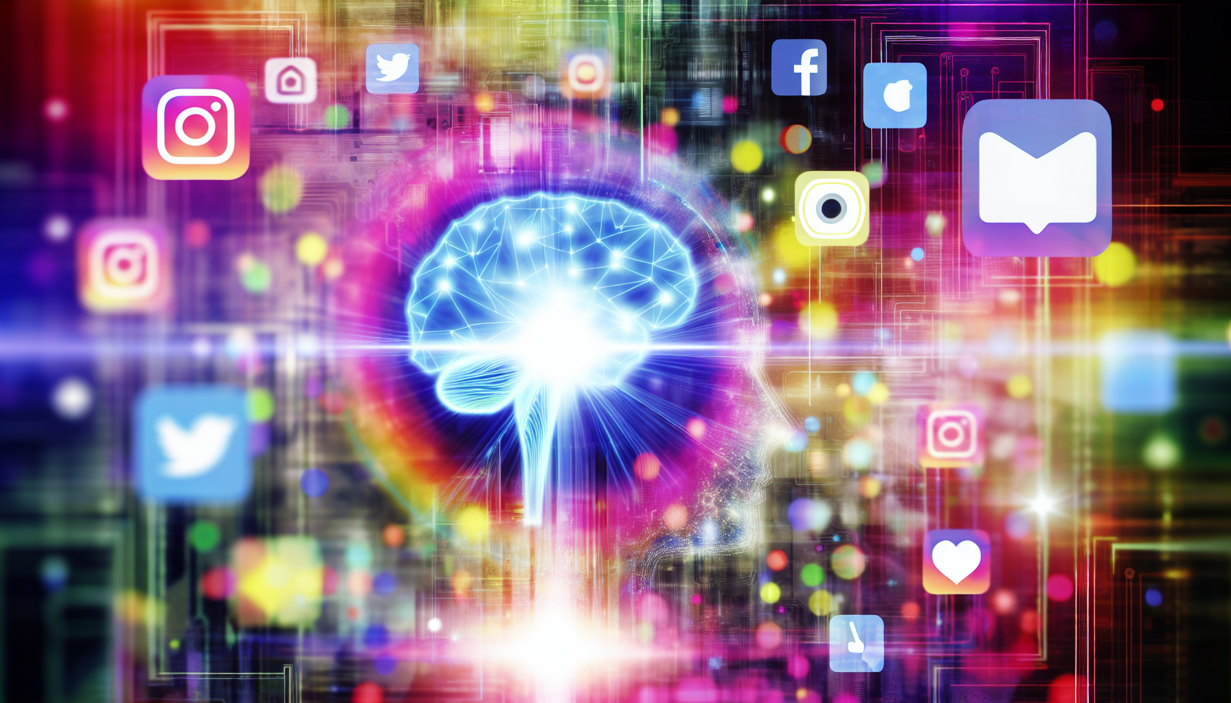 Ein Bild, das das Konzept der künstlichen Intelligenz darstellt, die Inhalte für soziale Medien erstellt. Es zeigt semi-abstrakte Elemente wie eine futuristische Benutzeroberfläche, soziale Medien-Icons, die mit einer Darstellung eines computerisierten Gehirns verschmelzen, das Licht ausstrahlt. Eine Palette aus sanften, lebendigen und auffälligen Neonfarben dominiert und vermittelt ein Gefühl der digitalen Ära.