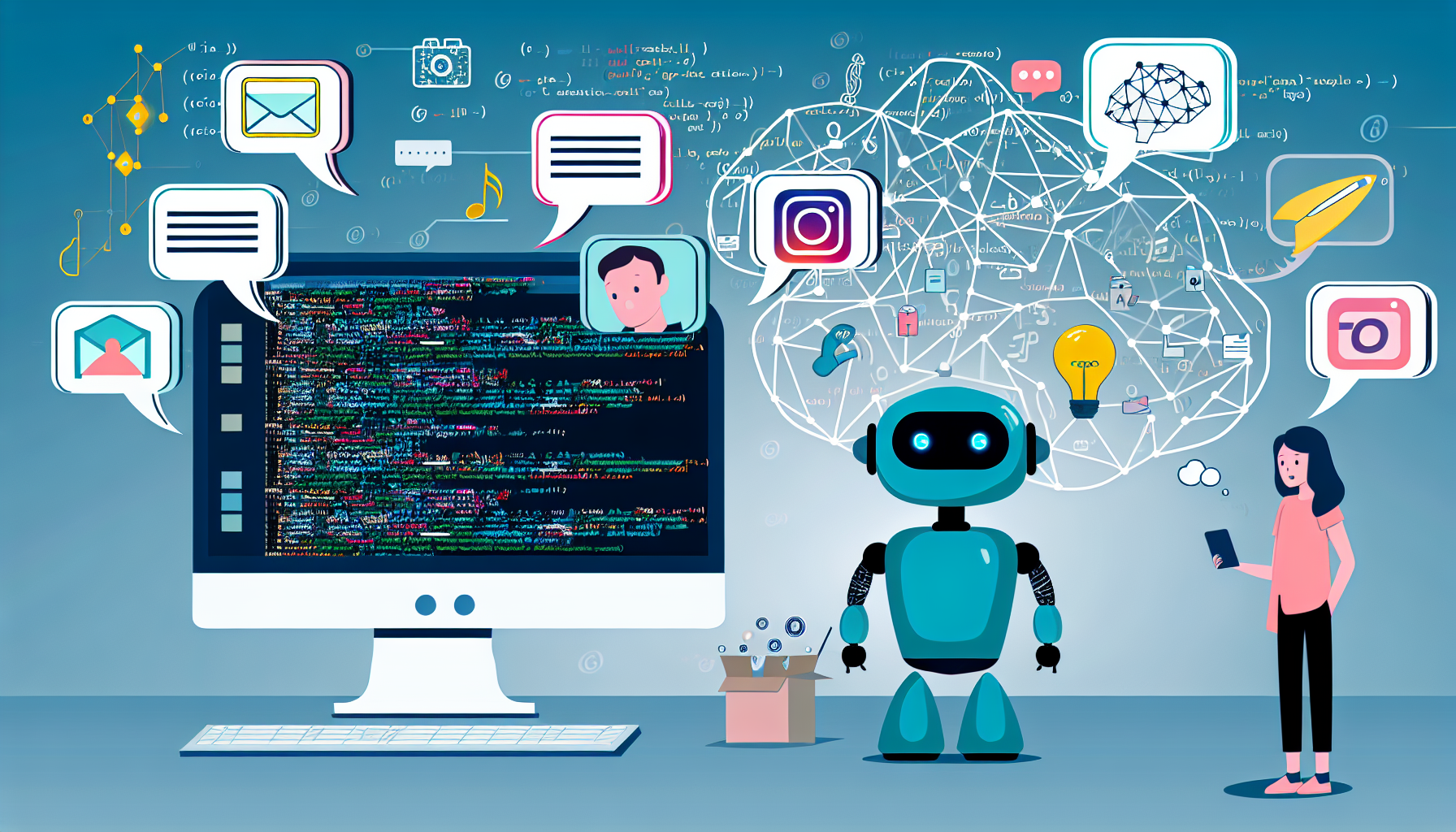 Entwerfen Sie ein Bild, das den Prozess der Erstellung von Inhalten fÃ¼r soziale Medien mit kÃ¼nstlicher Intelligenz umfassend darstellt. In diesem Bild zeigen Sie einen Desktop-Computer mit Algorithmen und Codezeilen auf dem Bildschirm. In der NÃ¤he des Computers prÃ¤sentieren Sie einen Roboter mit Gedankenblasen, die verschiedene Arten von Social-Media-BeitrÃ¤gen wie Tweets, BlogbeitrÃ¤ge und Instagram-Fotos anzeigen. FÃ¼gen Sie einen Benutzer hinzu, der den Prozess fasziniert beobachtet.