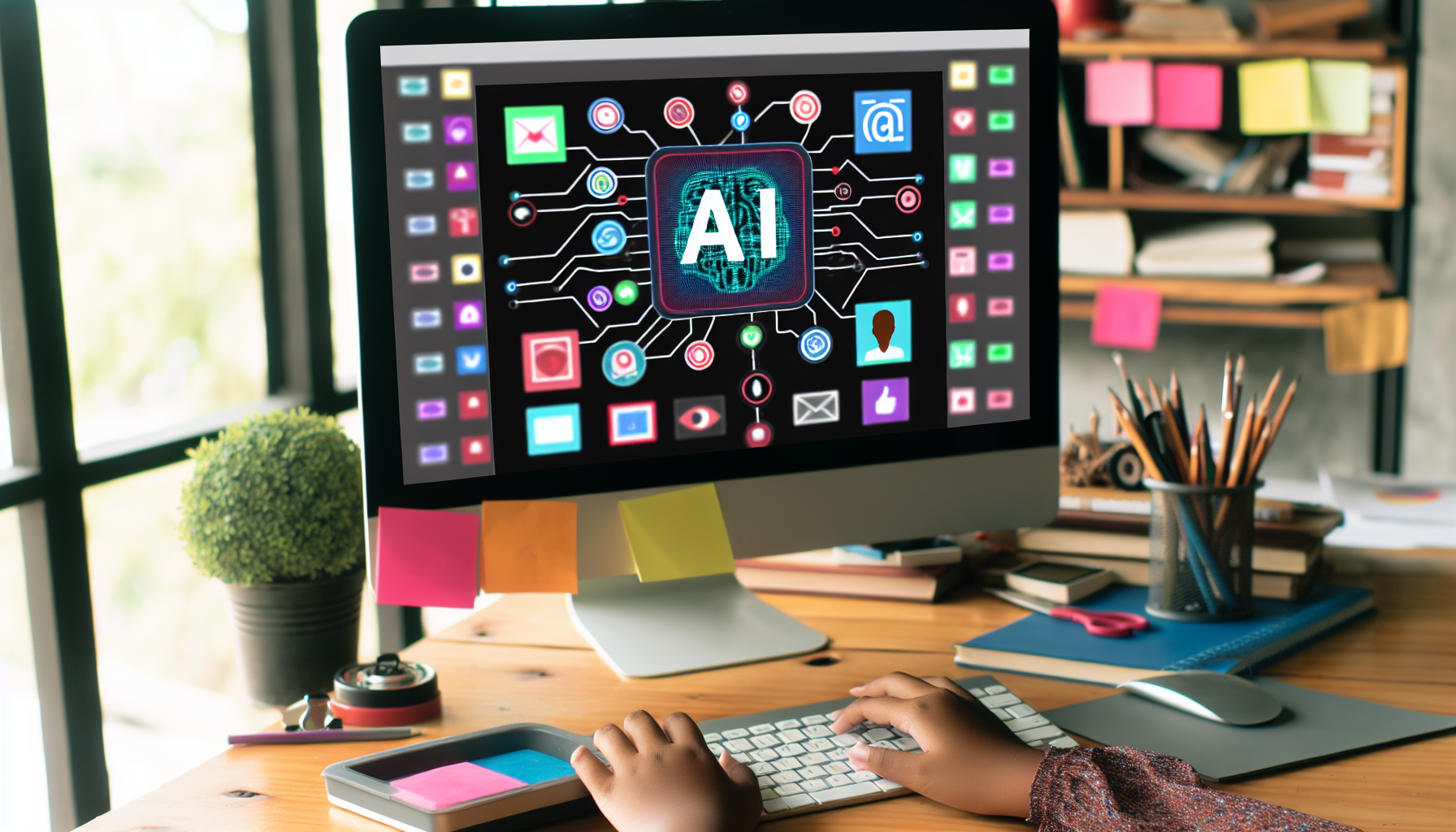 Erstellen Sie ein Bild, das den Prozess der Erstellung von Inhalten fÃ¼r soziale Medien mit Hilfe von kÃ¼nstlicher Intelligenz darstellt. Auf dem Bild sollte ein Computerbildschirm zu sehen sein, der verschiedene Medienerstellungstools wie einen Texteditor, einen Bildeditor und einen Videoeditor zeigt. Der Bildschirm sollte auch ein KI-Symbol anzeigen, um die kÃ¼nstliche Intelligenz darzustellen. Hinter dem Computer ist ein kreativer Arbeitsplatz zu sehen, auf dem verschiedene Materialien verstreut sind: BÃ¼cher, Haftnotizen, Kunstbedarf usw. Um ein menschliches Element hinzuzufÃ¼gen, sollten auch die HÃ¤nde einer sÃ¼dasianischen Frau zu sehen sein, die am Computer arbeitet.