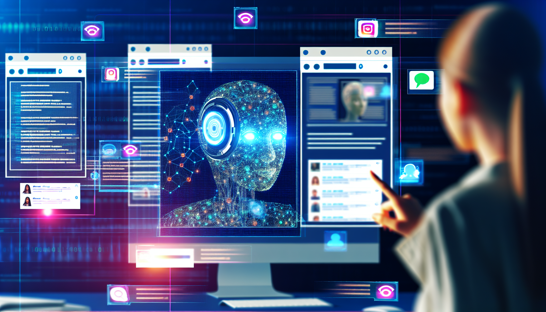 Erstellen Sie ein Bild von kÃ¼nstlicher Intelligenz, die Inhalte fÃ¼r soziale Medien erstellt. Dies kÃ¶nnte einen futuristischen Computer mit mehreren Bildschirmen umfassen, die verschiedene soziale Netzwerke anzeigen. Auf den Bildschirmen sind Algorithmen zu sehen, die Informationen verarbeiten und BeitrÃ¤ge, Bilder und Tweets generieren. AuÃŸerdem sollte ein holografischer KI-Assistent dargestellt werden, der mit dem System interagiert und Aufgaben wie das Tippen und das Entwerfen von Grafiken ausfÃ¼hrt.