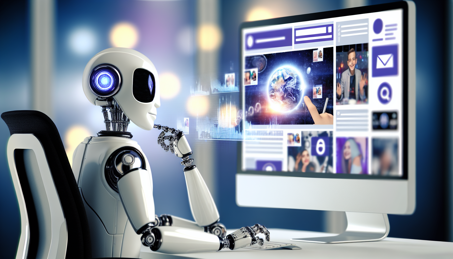 Ein Konzept für künstliche Intelligenz, bei dem die KI Inhalte für soziale Medien erstellt. Die KI sollte als fortschrittlicher Roboter mit einem eleganten und modernen Design dargestellt werden, der vor einem futuristischen Computerbildschirm sitzt. Der Computerbildschirm sollte mehrere gleichzeitig gestaltete Social-Media-Beiträge anzeigen, was die Multitasking-Fähigkeiten der KI verdeutlicht. Der Roboter sollte einen konzentrierten Ausdruck haben, der seine Hingabe an die Erstellung hochwertiger Inhalte impliziert. Der Hintergrund kann ein ordentliches, hochmodernes Büro sein, das von sanftem, ambientem Licht beleuchtet wird.