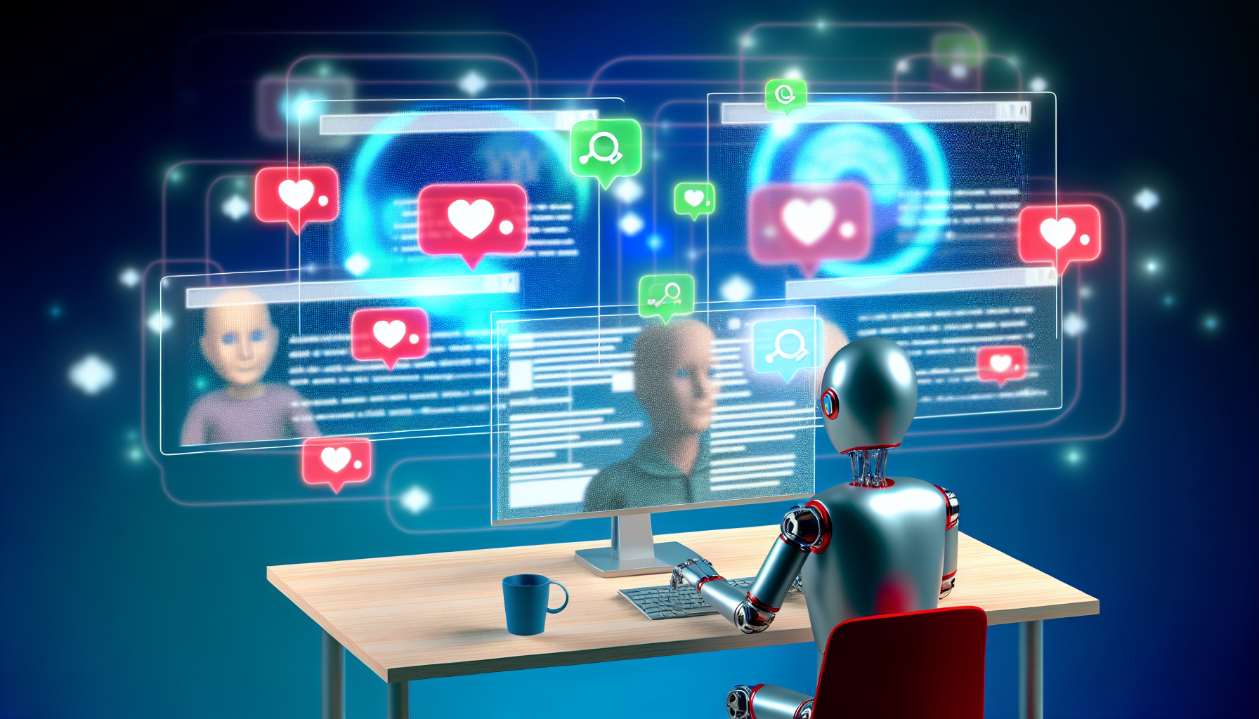 Erstellen Sie ein Bild, das die Nutzung von künstlicher Intelligenz (KI) bei der Erstellung von Inhalten für soziale Medien darstellt. Das Bild sollte einen KI-Roboter zeigen, der an einem Schreibtisch sitzt und mit mehreren Bildschirmen interagiert, auf denen verschiedene soziale Medienplattformen angezeigt werden. Die KI sollte dabei gezeigt werden, wie sie Daten analysiert und neue Beiträge erstellt. Rund um den Roboter können schwebende digitale Symbole dargestellt werden, die Likes, Kommentare und Shares repräsentieren und das durch KI generierte Engagement in sozialen Medien symbolisieren.