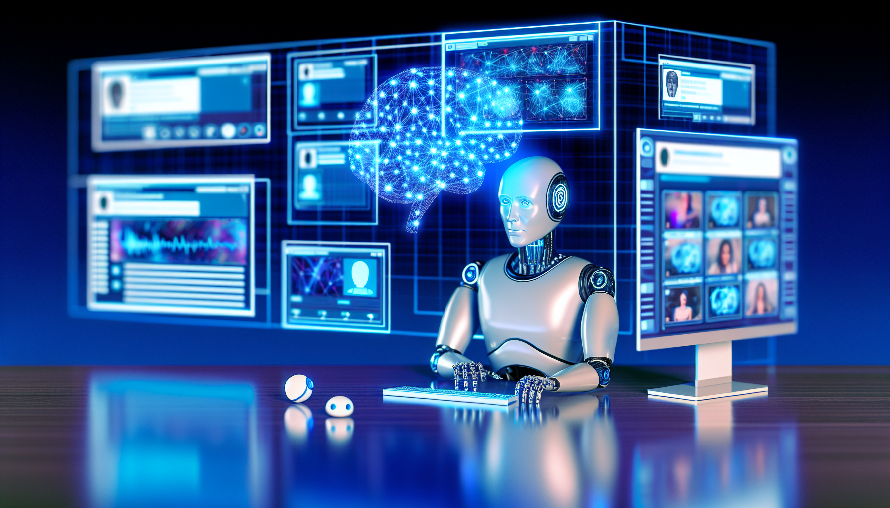 Erstellen Sie ein Bild, das das Konzept der Erstellung von Inhalten fÃ¼r soziale Medien mithilfe von KÃ¼nstlicher Intelligenz veranschaulicht. Die Szene sollte einen humanoiden Roboter, mÃ¤nnlich und kaukasisch, mit blauen Lichteffekten zeigen, die 'Intelligenz' anzeigen, wÃ¤hrend er an einem futuristischen Computer-Setup mit mehreren holografischen Bildschirmen sitzt. Die Bildschirme zeigen verschiedene soziale Medienplattformen mit Bildern, TextbeitrÃ¤gen und Statistiken. Ãœber dem Kopf des Roboters wird ein Bild von neuronalen Netzwerken projiziert, das den Denkprozess der KI symbolisiert.