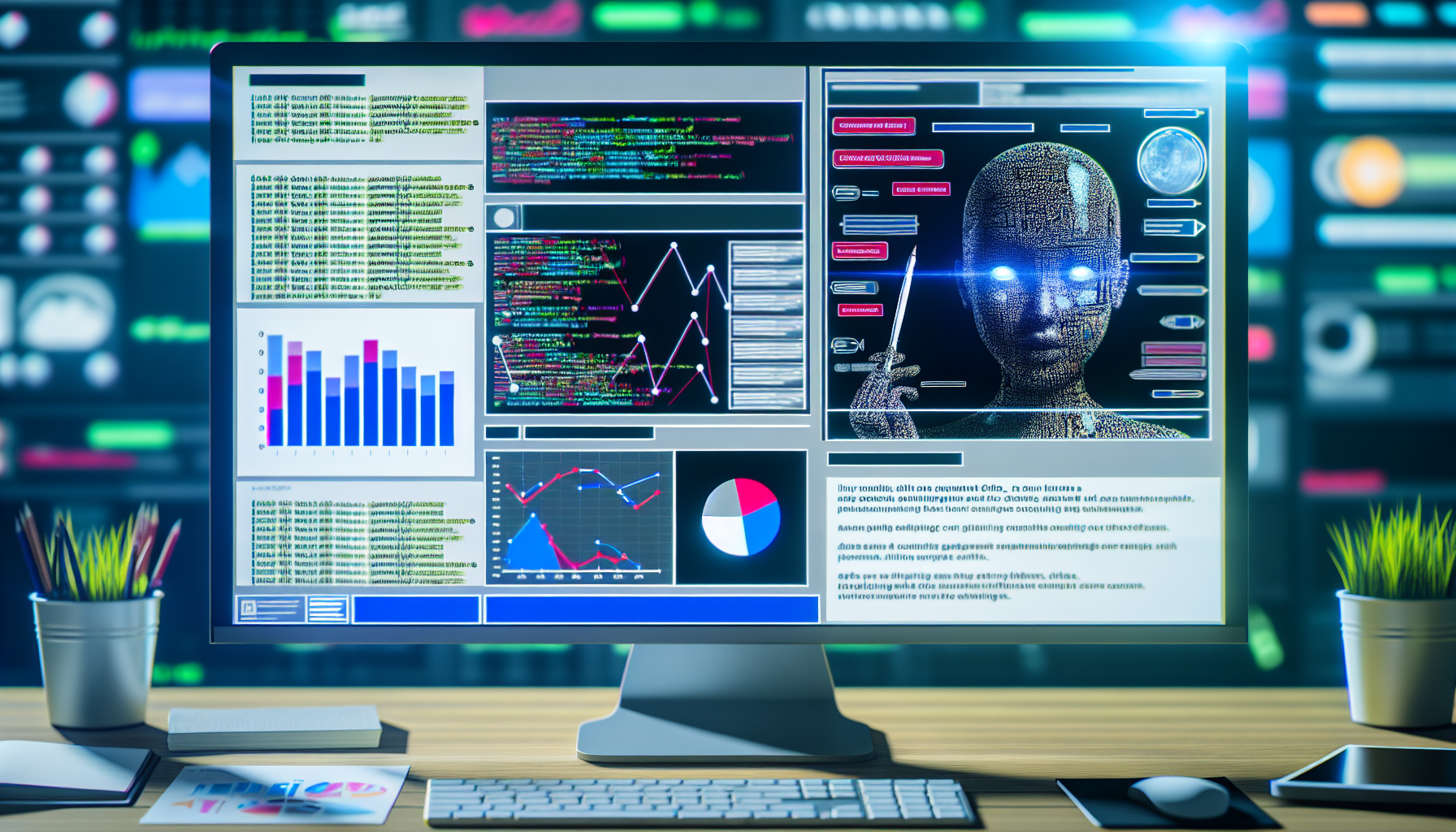 Erstellen Sie ein Bild, das den Prozess der Nutzung von kÃ¼nstlicher Intelligenz zur Erstellung von Inhalten fÃ¼r soziale Medien darstellt. Stellen Sie sich ein futuristisches Computerinterface vor, das mit Codezeilen und KI-Lernalgorithmen gefÃ¼llt ist. Auf anderen Bildschirmen sind EntwÃ¼rfe von Social-Media-Posts in verschiedenen Fertigstellungsstadien zu sehen, wie BeitrÃ¤ge mit ansprechenden Grafiken, eingÃ¤ngigen Ãœberschriften und Ã¼berzeugenden Beschreibungen. Es kÃ¶nnten auch Balkendiagramme und Tortendiagramme zu sehen sein, die Statistiken zur Publikumsinteraktion und Reichweite darstellen.