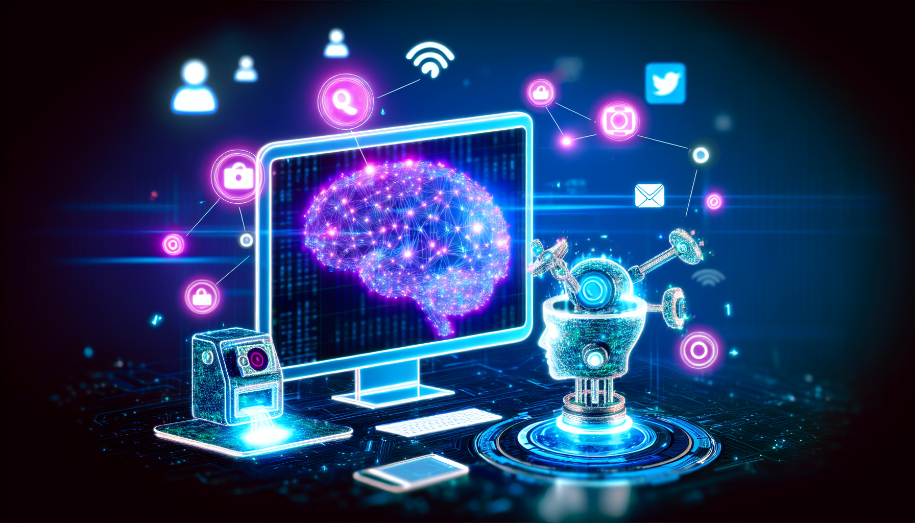 Visualisieren Sie das Konzept der kÃ¼nstlichen Intelligenz, die Inhalte fÃ¼r soziale Medien erstellt. Dies kÃ¶nnte einen hochmodernen Computer mit fortschrittlichen Algorithmen umfassen, der ansprechende BeitrÃ¤ge entwirft, ein 3D-holographisches Gehirn, das kÃ¼nstliche Intelligenz symbolisiert, und verschiedene Symbole von sozialen Medien, die umher schweben. Die gesamte Szene kÃ¶nnte in einem futuristischen, neonfarbenen Glanz getaucht sein, um die digitale Natur des Inhaltsproduktionsprozesses zu betonen.