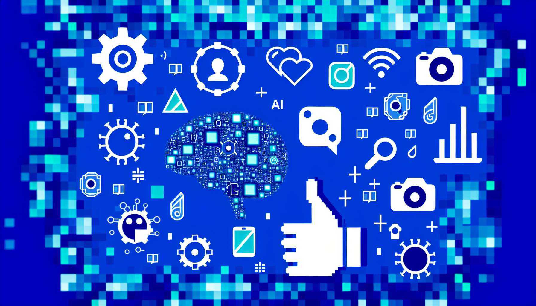 Erstellen Sie ein Bild, das das Konzept der Nutzung von kÃ¼nstlicher Intelligenz zur Erstellung von Inhalten fÃ¼r soziale Medien darstellt. Dies kÃ¶nnte Elemente wie Symbole der KI, wie neuronale Netzwerke oder ZahnrÃ¤der, sowie Icons reprÃ¤sentativer beliebter sozialer Medienplattformen wie einen Vogel, eine Kamera oder â€žDaumen hochâ€œ-Symbole umfassen. Um Technologie und digitalen Raum widerzuspiegeln, integrieren Sie zahlreiche BlautÃ¶ne in das Bild, mÃ¶glicherweise im Stil von Pixelkunst.