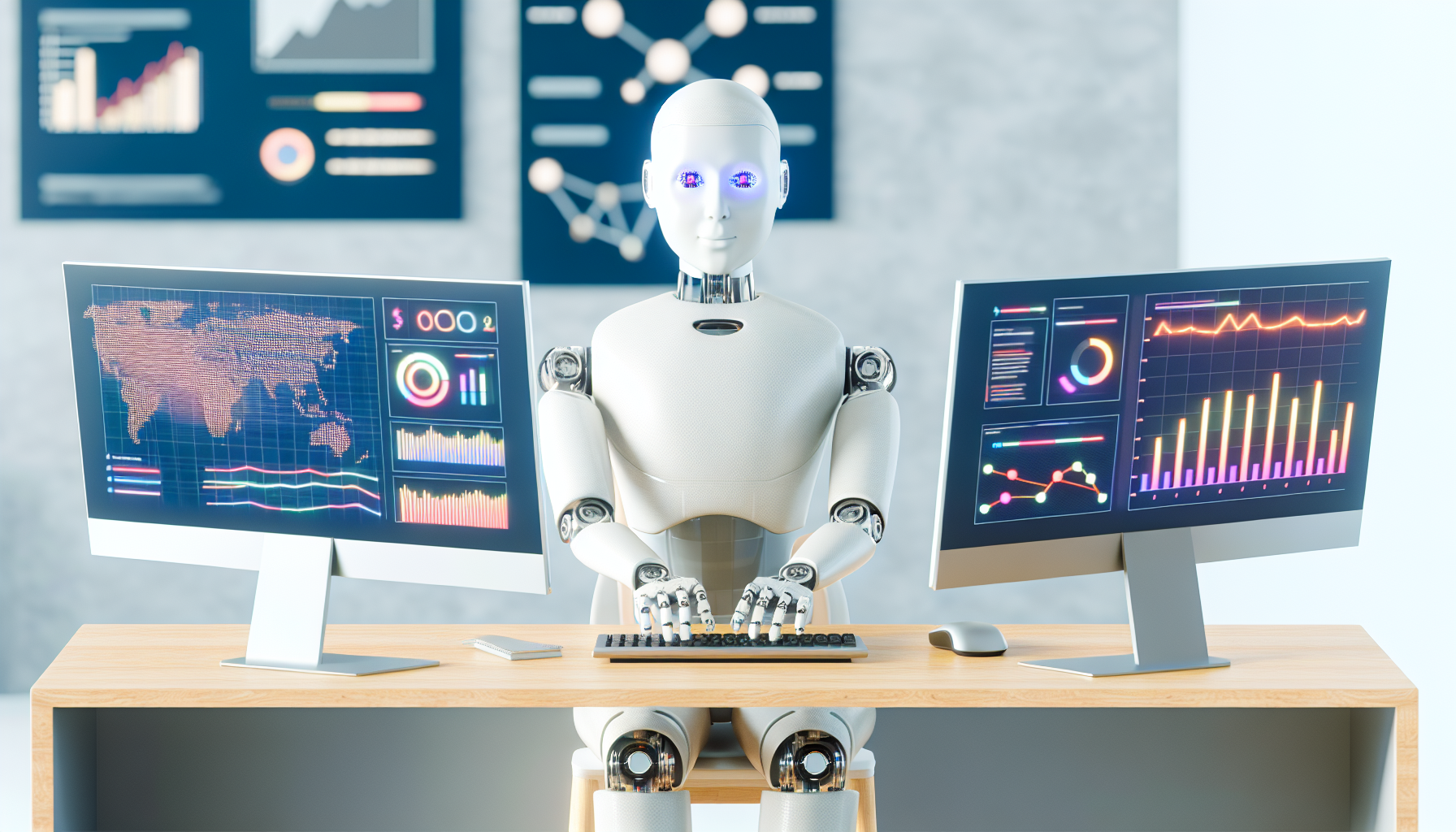 Erstellen Sie ein Bild, das den Prozess der Nutzung von kÃ¼nstlicher Intelligenz zur Erstellung von Inhalten fÃ¼r soziale Medien darstellt. Das Bild sollte einen humanoiden Roboter zeigen, der an einem Schreibtisch sitzt, mit zwei Monitoren, die verschiedene Grafiken und Daten anzeigen. Der Roboter sollte auf einer futuristischen Tastatur tippen, wÃ¤hrend im Hintergrund eine Reihe von KI-basierten Werkzeugen zu sehen ist. Die Szene sollte in einem modernen, gut beleuchteten BÃ¼ro angesiedelt sein.