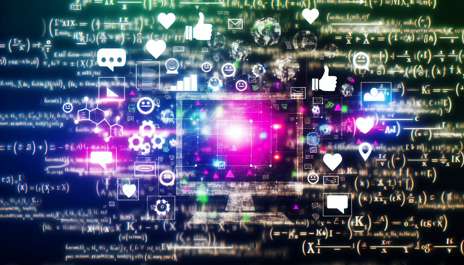 Erstellen Sie ein Bild, das eine kÃ¼nstliche Intelligenz darstellt, die Inhalte fÃ¼r soziale Medien generiert. Es kÃ¶nnte eine visuelle Darstellung eines Computers sein, umgeben von verschiedenen Diagrammen, Algorithmen, mathematischen Gleichungen und Symbolen sozialer Medien (wie Daumen hoch, Kommentare, Teilen-Icons usw.), die um ihn herum schweben. Die Symbole kÃ¶nnen auch verschiedene AusdrÃ¼cke enthalten, um positive und negative Reaktionen in sozialen Medien zu signalisieren. Der Ton sollte abstrakt und technisch sein und das komplexe System hinter den KI-Prozessen zur Erstellung ansprechender Inhalte betonen.