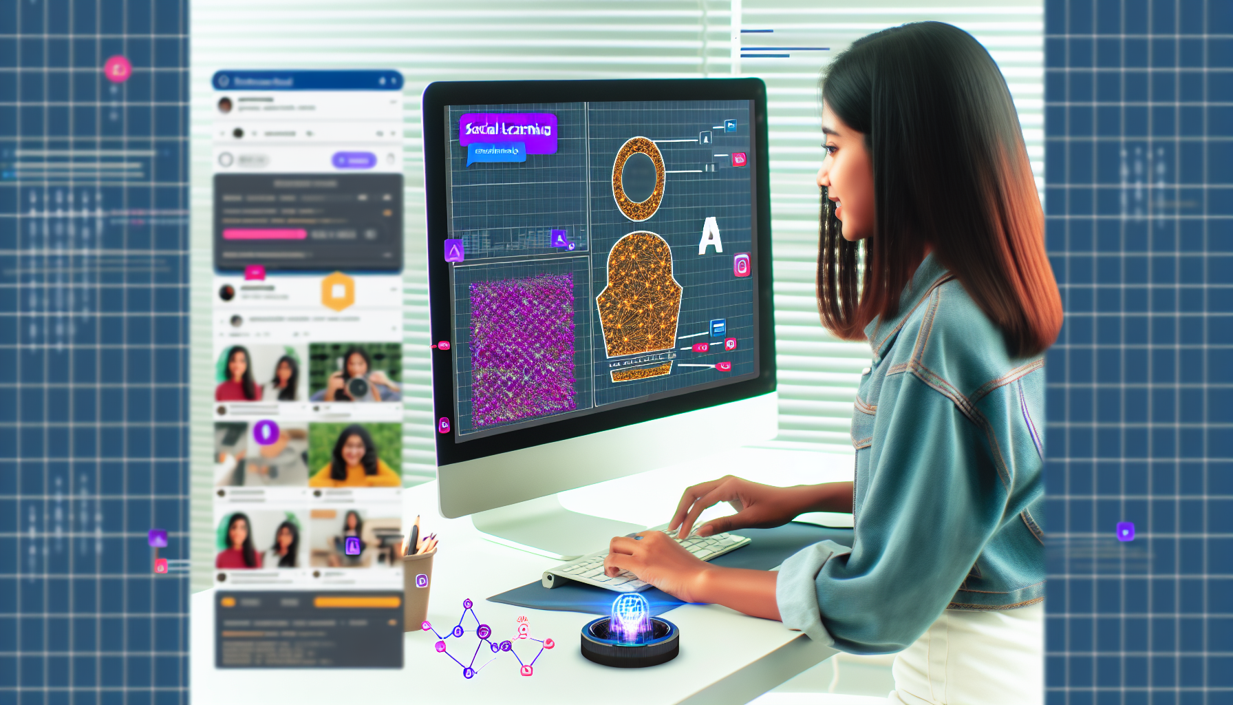 Erstellung von Inhalten fÃ¼r soziale Medien mit Hilfe von KÃ¼nstlicher Intelligenz. Auf dem Bild ist ein moderner Arbeitsplatz zu sehen, an dem ein Computer mit maschinellen Lernalgorithmen sichtbar ist. Auf dem Bildschirm ist ein Entwurf fÃ¼r einen Social-Media-Beitrag in Arbeit zu sehen. AuÃŸerdem sind verschiedene technische Werkzeuge verstreut, wie ein KI-Bot, KI-generierte Grafiken Ã¼ber Social-Media-Trends und Ergebnisse der Analyse aktueller Social-Media-BeitrÃ¤ge. Eine junge sÃ¼dasiatische Frau, eine Ingenieurin in lÃ¤ssiger Kleidung, arbeitet daran, die FÃ¤higkeiten der KI zu verbessern.