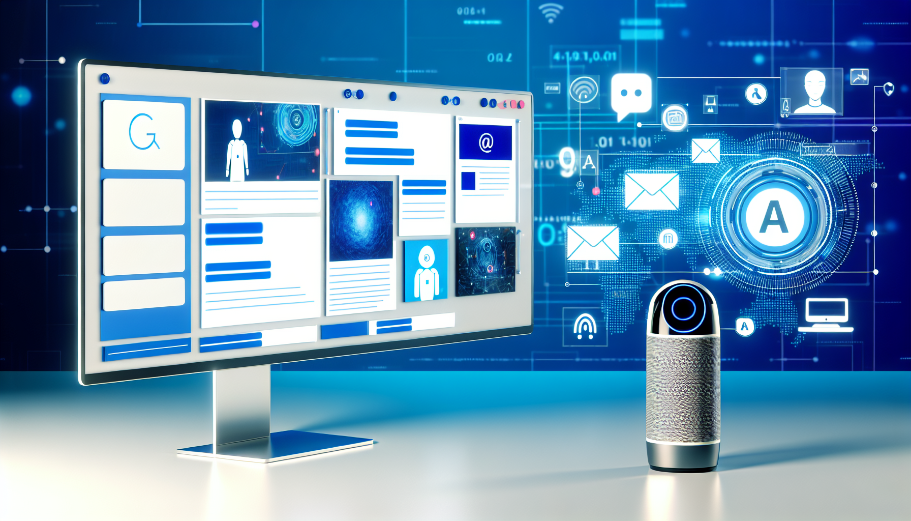 Erstellen Sie ein Bild, das eine futuristische Szene darstellt, in der künstliche Intelligenz zur Erstellung von Inhalten für soziale Medien verwendet wird. In der Mitte des Bildes sollte ein großer Bildschirm zu sehen sein, der verschiedene Arten von Inhalten anzeigt, wie Textbeiträge, Bilder und Videos. In der Nähe sollte ein KI-Gerät, wie ein smarter Lautsprecher oder ein Roboter, abgebildet sein, mit Bildern und Symbolen, die Aktivitäten wie Verarbeitung und Inhaltserstellung anzeigen. Der Stil sollte modern und technologisch fortschrittlich sein.