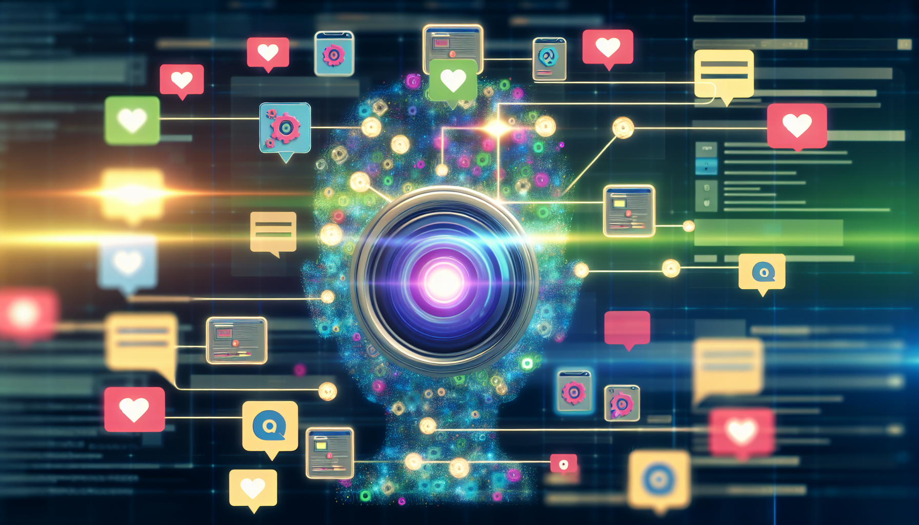 Erstellen Sie ein Bild, das die Generierung von Social-Media-Inhalten mithilfe von kÃ¼nstlicher Intelligenz darstellt. Zeigen Sie digitale Bildschirme mit verschiedenen Anwendungen und Tools, die fÃ¼r die Inhaltserstellung, Influencer-Analysen und andere KI-gestÃ¼tzte Werkzeuge verwendet werden, die hÃ¤ufig im Social-Media-Management zu sehen sind. Stellen Sie diese KI als futuristische, hochmoderne EntitÃ¤t dar, die durch helle holografische Farben und schwebende grafische Schnittstellen reprÃ¤sentiert wird. Achten Sie darauf, Social-Media-Icons ohne spezifische Markenkennzeichnung einzufÃ¼gen.