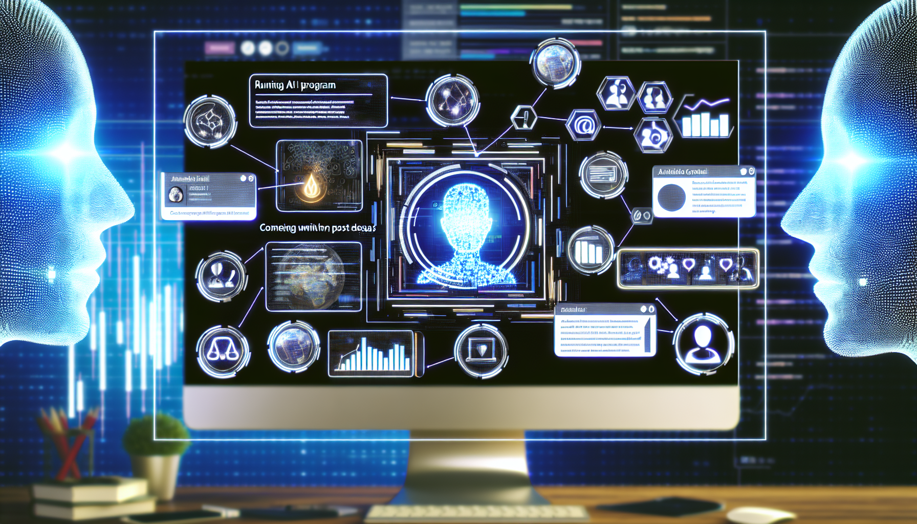 Erstellen Sie ein Bild, das den Prozess der Erstellung von Inhalten fÃ¼r soziale Medien mithilfe von kÃ¼nstlicher Intelligenz darstellt. Zeigen Sie einen futuristischen Computerbildschirm, der verschiedene Analysen und Datencharts anzeigt. Einige interaktive Elemente fÃ¼hren ein KI-Programm aus, das Post-Ideen generiert und den Inhalt entsprechend den Vorlieben der Zielgruppe anpasst. Integrieren Sie auch Darstellungen fÃ¼r verschiedene groÃŸe soziale Medienplattformen. Achten Sie darauf, die Verschmelzung von Technologie und KreativitÃ¤t in der Szene einzufangen.