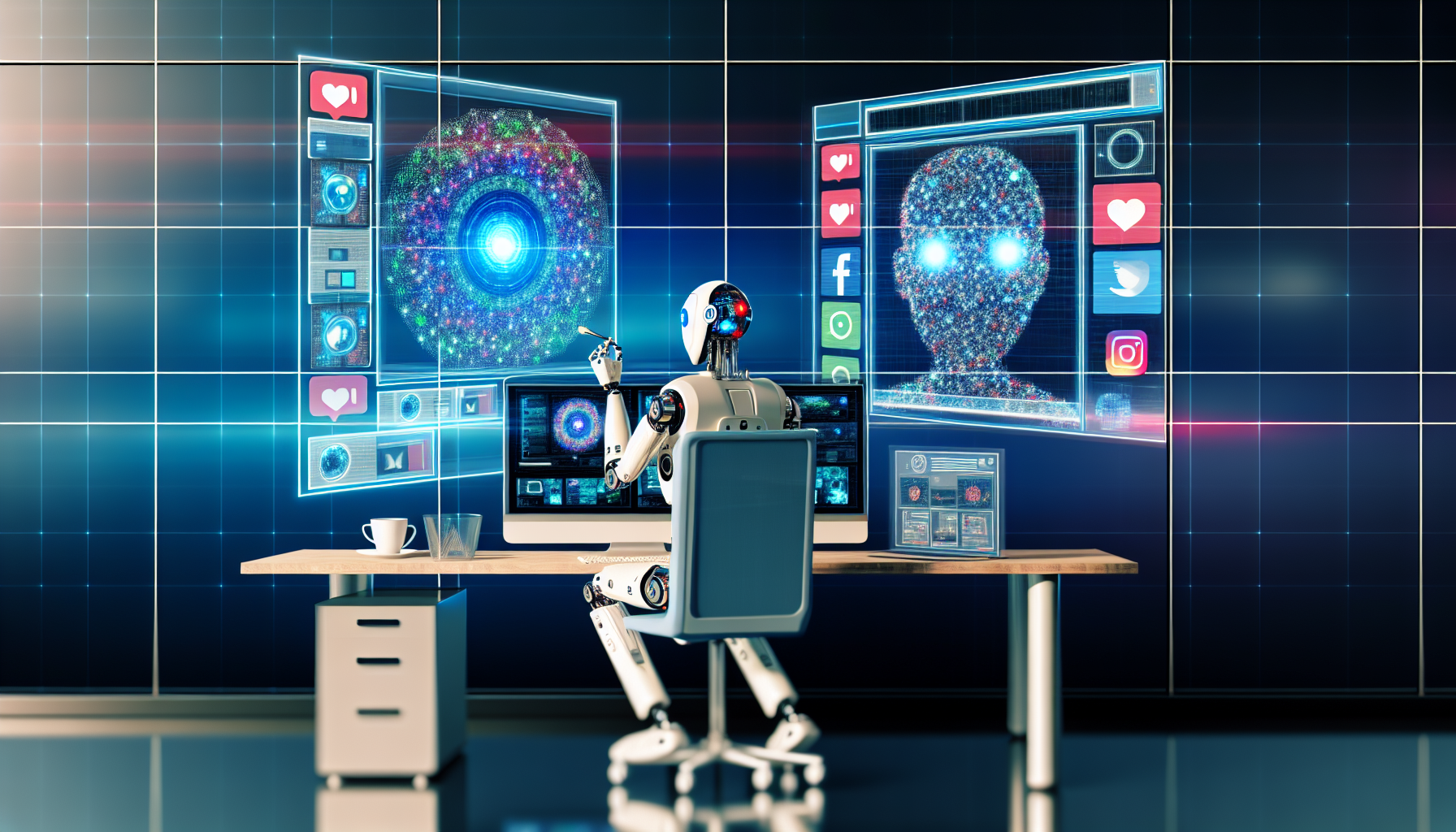 Erstellen Sie ein Bild, das den Prozess der Erstellung von Inhalten fÃ¼r soziale Medien mithilfe von kÃ¼nstlicher Intelligenz darstellt. Zeigen Sie einen futuristischen, hochmodernen Arbeitsplatz mit mehreren Bildschirmen, die verschiedene soziale Medienplattformen anzeigen. Integrieren Sie einen komplexen Algorithmus, der auf einem der Bildschirme visualisiert ist, und einen KI-Roboter, der am Schreibtisch sitzt und mit den Bildschirmen interagiert. AuÃŸerdem sollte eine digitale Kreativdesign-Software in Aktion zu sehen sein, die ansprechende Inhalte fÃ¼r Social-Media-BeitrÃ¤ge erstellt.