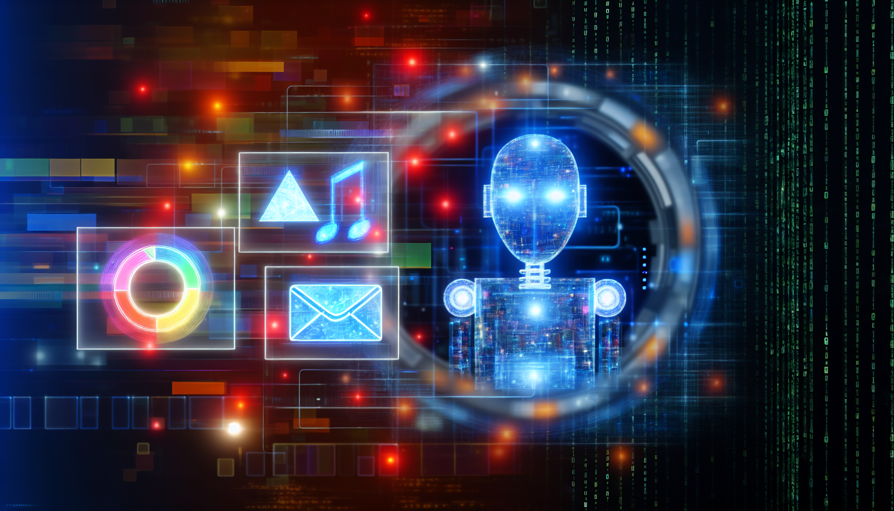 Stellen Sie eine Darstellung eines Künstlichen Intelligenzsystems dar, das Inhalte für eine Social-Media-Plattform erstellt. Das KI-System wird als abstrakte, futuristische Maschine mit leuchtenden Lichtern und holografischen Bildschirmen dargestellt, auf denen verschiedene Formen der Inhaltserstellung zu sehen sind, wie das Schreiben von Blogbeiträgen, das Entwerfen von Grafiken und die Analyse von Daten. Im Hintergrund ist digitaler Binärcode zu sehen, der die inneren Abläufe der KI repräsentiert.