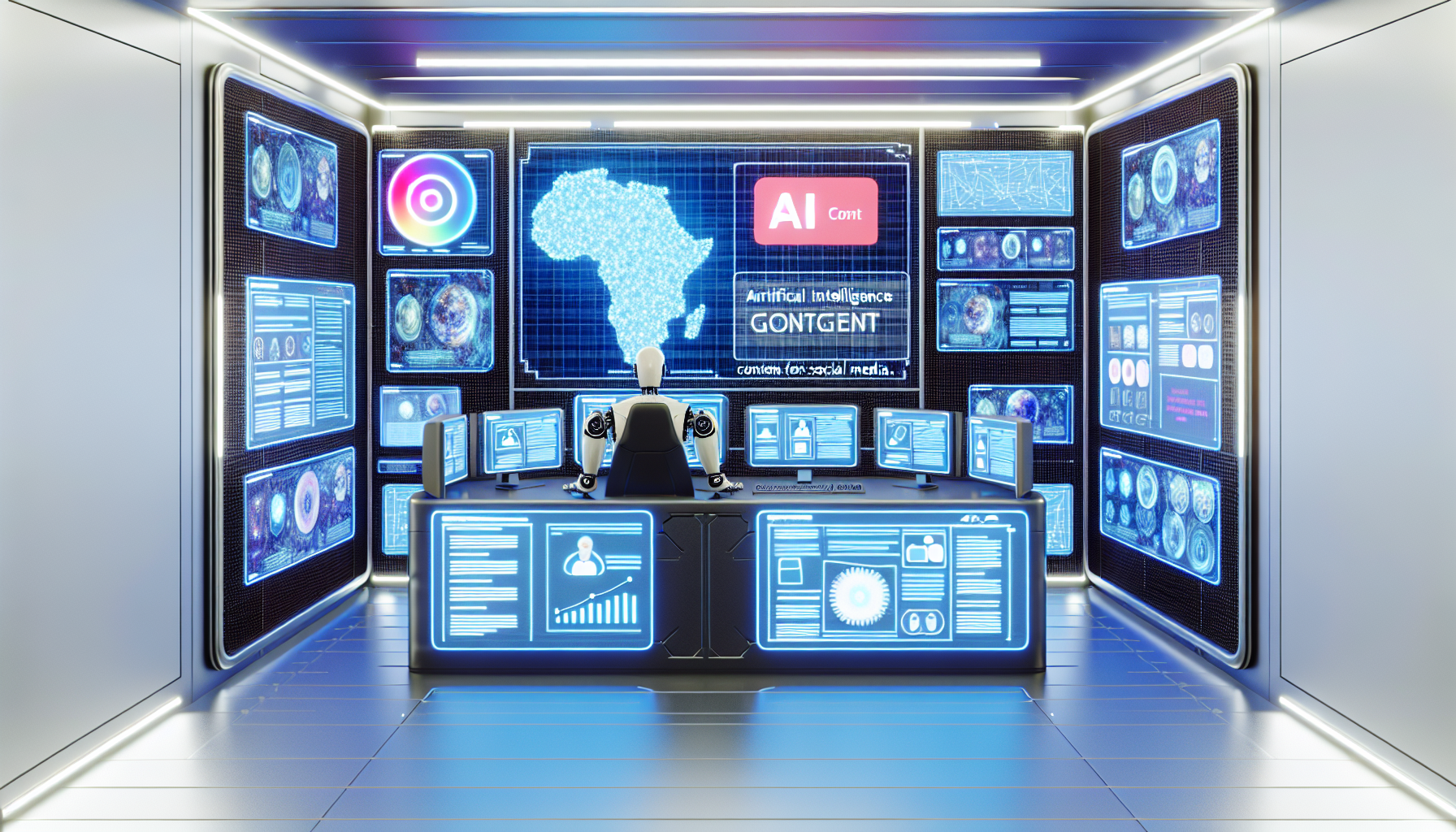 Erstellen Sie ein Bild, das ein kÃ¼nstliches Intelligenzsystem zeigt, das Inhalte fÃ¼r soziale Medien generiert. Es kÃ¶nnte wie ein futuristischer Computerarbeitsplatz aussehen, der fÃ¼r die maschinelle Inhaltsgenerierung optimiert ist, mit mehreren Bildschirmen, die verschiedene Arten von Inhalten anzeigen, wie Texte, Videos, Bilder, Infografiken und Analysen. Der Raum sollte von fortschrittlicher Technologie wimmeln und eine visuelle Darstellung der hochmodernen Werkzeuge und Systeme bieten, die in der KI-Inhaltserstellung verwendet werden. Bitte keine Namen, Logos oder identifizierbaren Marken einfÃ¼gen.