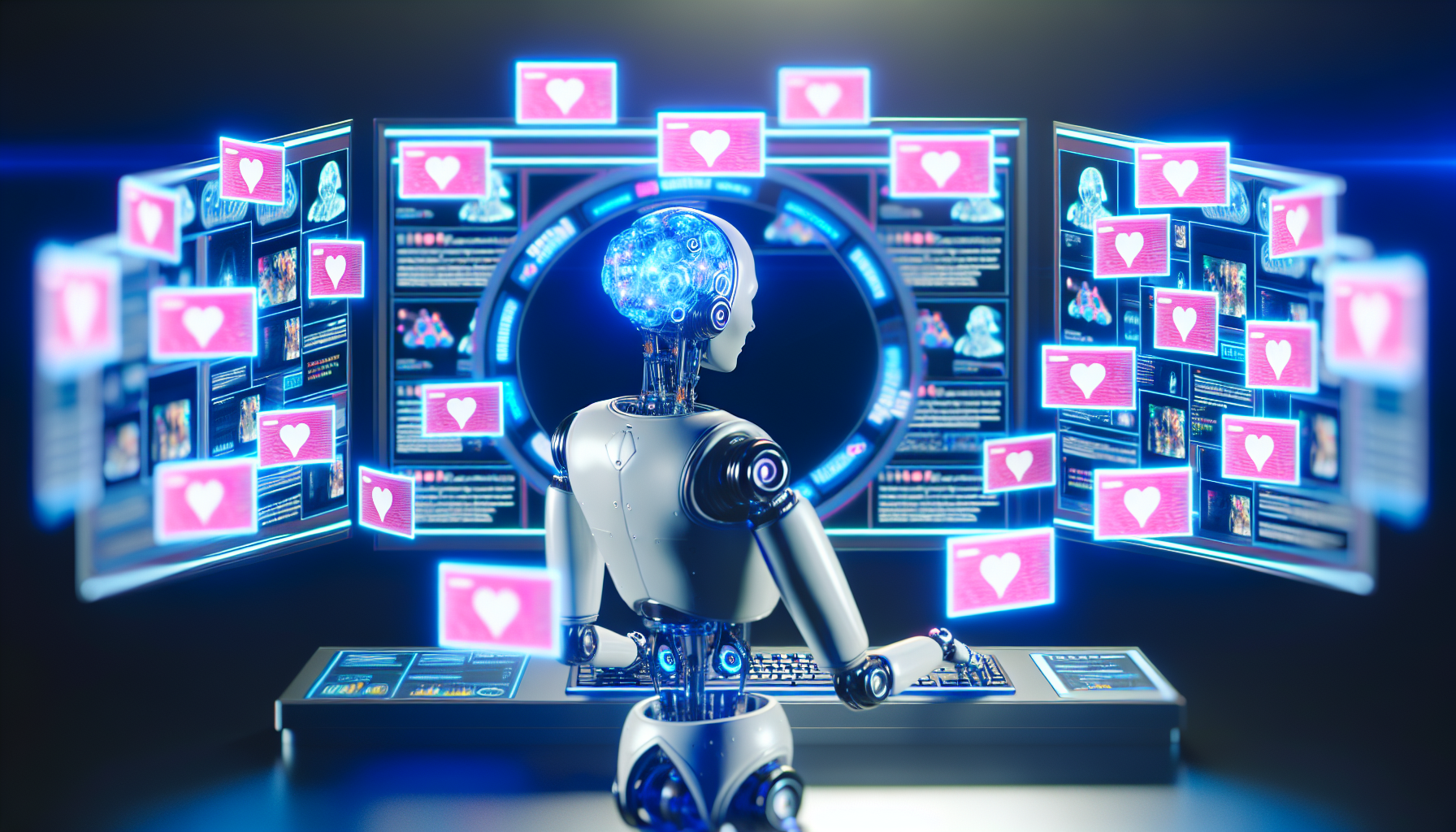 Erstellen Sie eine visuelle Darstellung von kÃ¼nstlicher Intelligenz, die Inhalte fÃ¼r soziale Medien generiert. Das Bild sollte ein fast futuristisch aussehendes, geschlechtsneutrales kÃ¼nstliches Wesen zeigen, das ohne spezifische Abstammung an einem riesigen, bildschirmfÃ¼llenden Arbeitsplatz sitzt. Die Bildschirme sollten verschiedene soziale Medienplattformen anzeigen, auf denen Inhalte erstellt und automatisch gepostet werden.