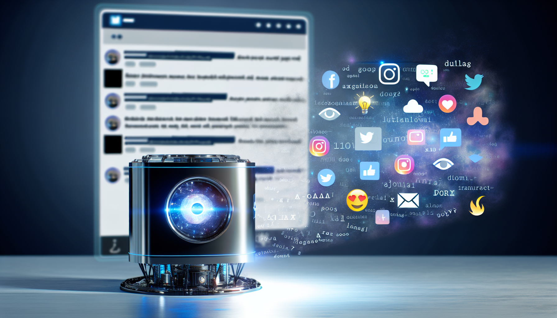 Erstellen Sie ein Bild, das das Konzept der kÃ¼nstlichen Intelligenz veranschaulicht, die Inhalte fÃ¼r soziale Medien erstellt. Die Szene kÃ¶nnte eine futuristische Maschine zeigen, die intelligent einen Beitrag fÃ¼r eine Social-Media-Plattform gestaltet, mit verschiedenen Elementen wie Text, Emojis, Bildern und Hashtags. Die Maschine sollte schlank und modern sein und einen schwachen Glanz ausstrahlen, um ihre fortschrittlichen FÃ¤higkeiten zu signalisieren, wÃ¤hrend der Social-Media-Beitrag holographisch in der Luft vor ihr projiziert wird.