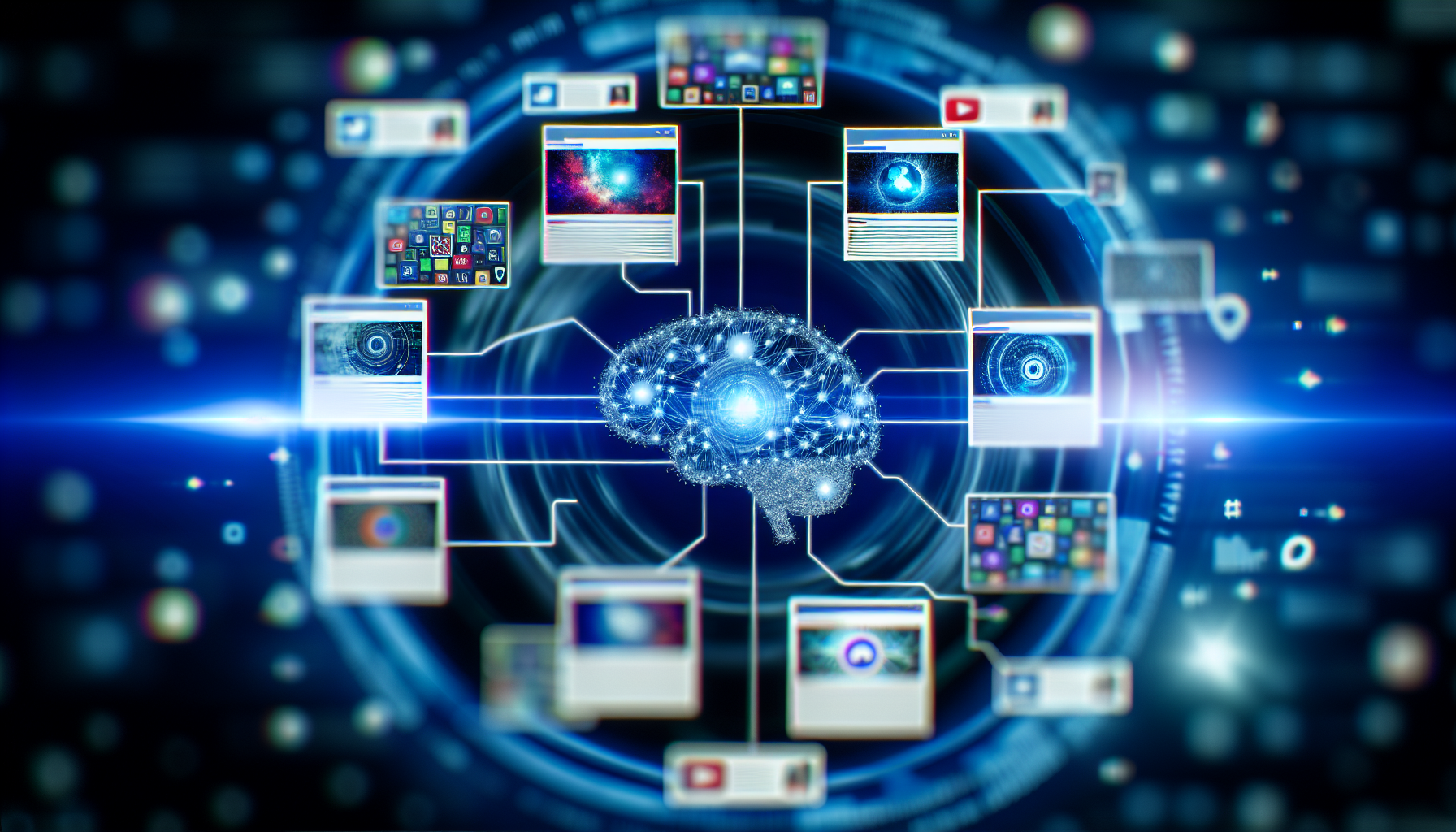 Erstellen Sie ein Bild, das ein Konzept von kÃ¼nstlicher Intelligenz zeigt, die Inhalte fÃ¼r soziale Medien generiert. Dies umfasst eine abstrakte Darstellung eines KI-Gehirns, das mit digitalen Bildschirmen verbunden ist, die verschiedene Arten von Inhalten fÃ¼r soziale Medien anzeigen, wie BeitrÃ¤ge, Bilder, Videos und Infografiken.
