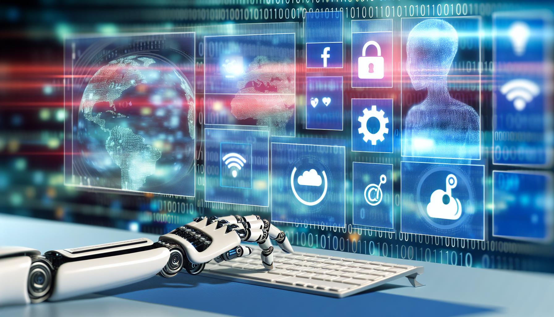 Erstellen Sie ein Bild, das das Konzept der künstlichen Intelligenz darstellt, die Inhalte für soziale Medien generiert. Zeigen Sie einen futuristischen Roboterarm, der auf einer Computer-Tastatur tippt, mit holografischen Bildschirmen im Hintergrund, die verschiedene soziale Medienplattformen anzeigen, wie eine Mikroblogging-Seite, eine Foto-Sharing-Plattform und eine Video-Sharing-Website. Fügen Sie grafische Elemente hinzu, die auf die digitale Datenverarbeitung hinweisen, wie Binärcode und strukturierte Datengraphen.