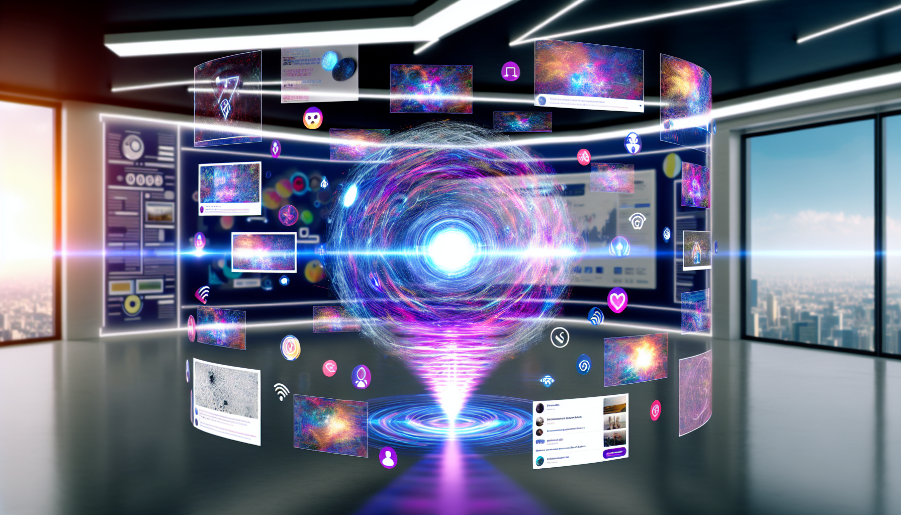 Erzeuge ein Bild von künstlicher Intelligenz, die Inhalte für soziale Medien erstellt, in einem futuristischen Raum mit einer holografischen AI-Schnittstelle, die in der Mitte schwebt. Zeige eine Vielzahl von Social-Media-Beiträgen auf der Schnittstelle in mehreren Sprachen. Diese Beiträge enthalten interessante Fakten, inspirierende Zitate, bunte Grafiken und Bilder von schönen Landschaften. Die KI wird als abstrakte, pulsierende Energiesphäre dargestellt, die mit der Schnittstelle interagiert.