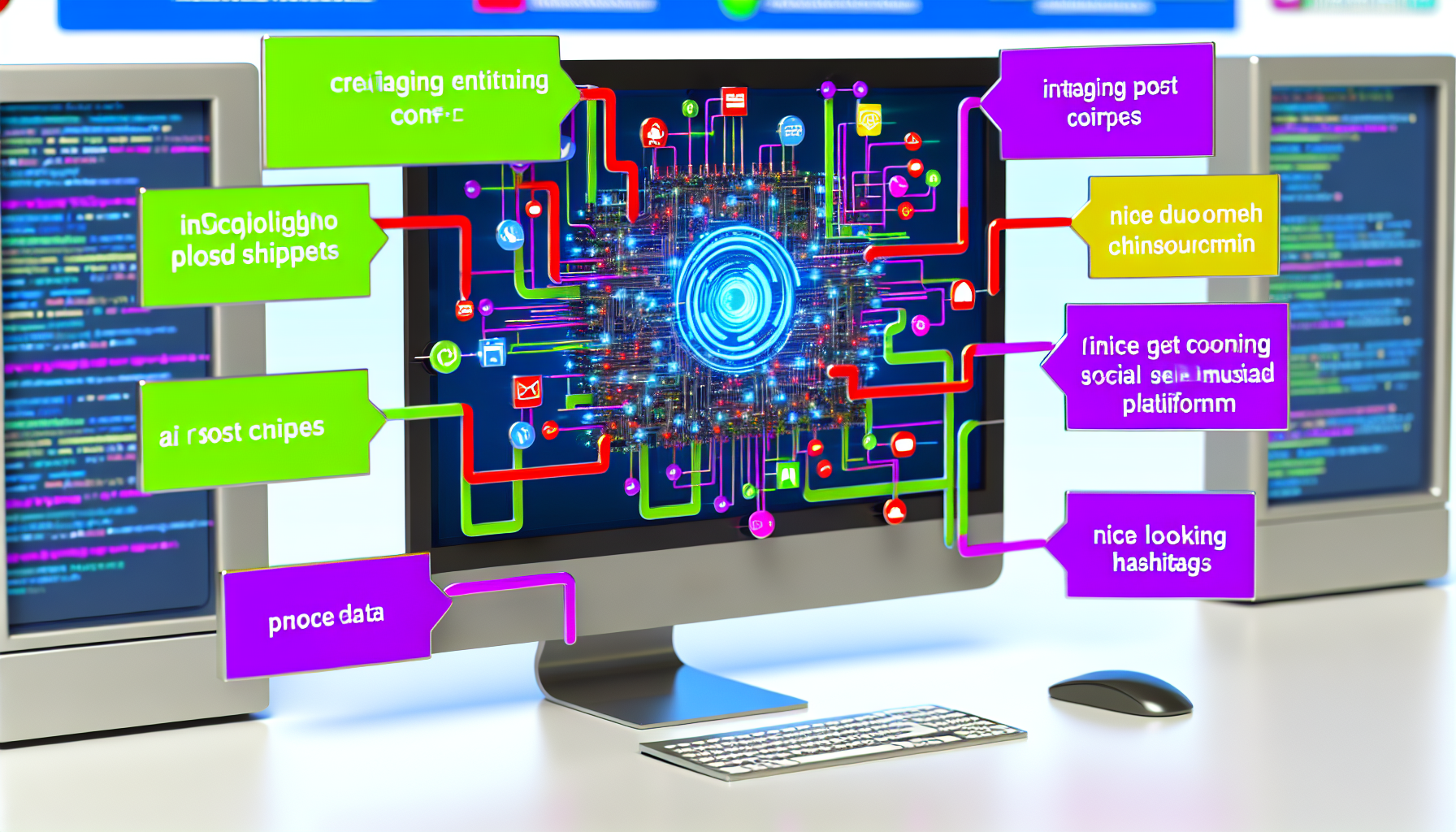 Ein Szenario, in dem ein kÃ¼nstliches Intelligenzsystem ansprechende Inhalte fÃ¼r eine Social-Media-Plattform erstellt. Das KI-System kÃ¶nnte als komplexes Netzwerk aus Schaltkreisen und Codes dargestellt werden, das eifrig an einem Computerbildschirm arbeitet. Es bezieht Daten von verschiedenen bunten Symbolen, die unterschiedliche Social-Media-Plattformen auf dem Bildschirm reprÃ¤sentieren. Die Daten werden dann verarbeitet und in ansprechende Post-Snippets, ansprechende Grafiken und eingÃ¤ngige Hashtags umgewandelt, die anschlieÃŸend wieder an die Plattformen verteilt werden.