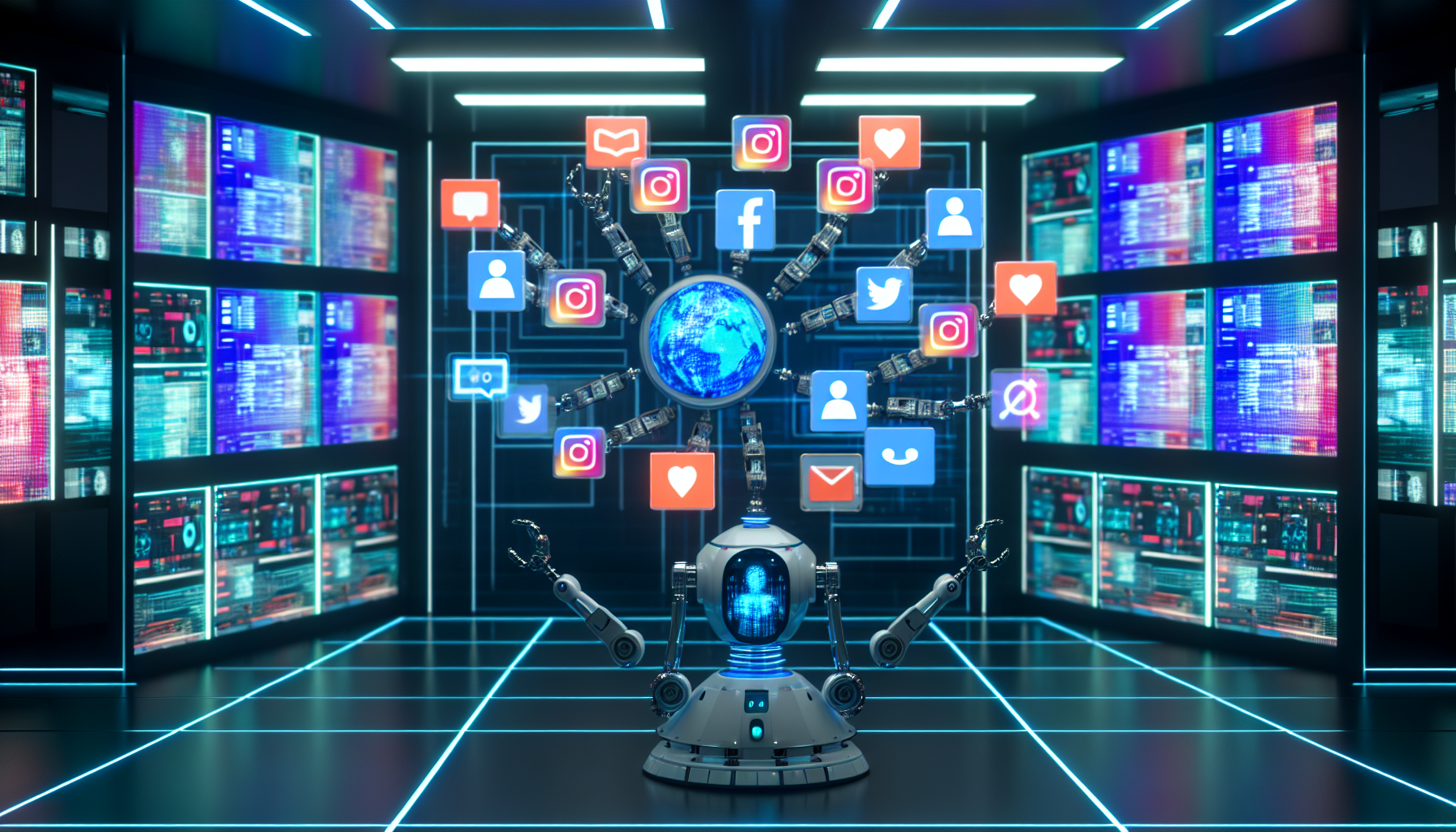 Erstellen Sie ein Bild, das das Konzept der Nutzung von kÃ¼nstlicher Intelligenz zur Erstellung von Inhalten fÃ¼r soziale Medien visualisiert. Dies kÃ¶nnte beispielsweise eine symbolische Darstellung einer futuristischen KI-Maschine umfassen, die zahlreiche Bildschirme zeigt, auf denen verschiedene Arten von Social-Media-BeitrÃ¤gen in verschiedenen Sprachen und Formaten angezeigt werden, orchestriert von robotischen Armen. Der Hintergrund ist ein hochmodernes Zimmer, das mit Neonlichtern und digitalen Displays gefÃ¼llt ist. Der Raum ist organisiert und in kÃ¼hlen FarbtÃ¶nen gehalten, was die technologische AtmosphÃ¤re betont.