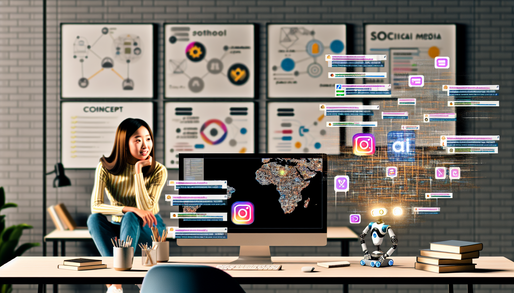 Ein Bild, das den Prozess der Erstellung von Inhalten fÃ¼r soziale Medien mit kÃ¼nstlicher Intelligenz zeigt. Der Computerbildschirm zeigt verschiedene soziale Medienplattformen wie eine Foto-Sharing-App, eine Kurzvideo-App und eine Mikroblogging-Plattform. Der Bildschirm sollte auch KI-Algorithmen in Form von Datendiagrammen und Code-Schnipseln veranschaulichen. Eine junge ostasiatische Frau sitzt am Schreibtisch und ist tief in den Prozess vertieft. Um sie herum befindet sich ein modernes BÃ¼roumfeld, das mit innovativen technologischen GerÃ¤ten und Konzeptdiagrammen gefÃ¼llt ist. Im Hintergrund ist ein Roboterassistent zu sehen, der zum kreativen Prozess beitrÃ¤gt.