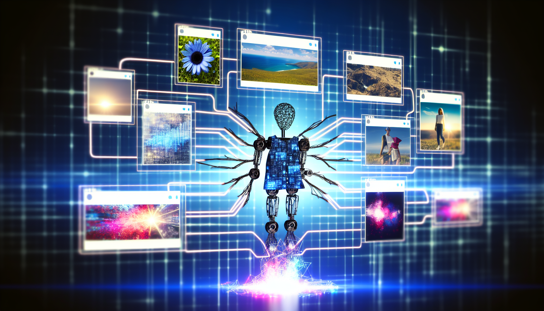Erstellen Sie ein Bild, das ein KI-System darstellt, das Inhalte für soziale Medien generiert. Stellen Sie die KI als abstrakte mechanische Entität dar, die zahlreiche Bildschirme zeigt, auf denen verschiedene Formen von Social-Media-Posts angezeigt werden, wie ein kurzes Video, ein inspirierendes Zitat, ein malerisches Foto und ein modisches Outfit. Das KI-System verarbeitet diese Elemente, symbolisiert durch leuchtende Linien und Strukturen, die den Fluss von Daten und Kreativität darstellen.