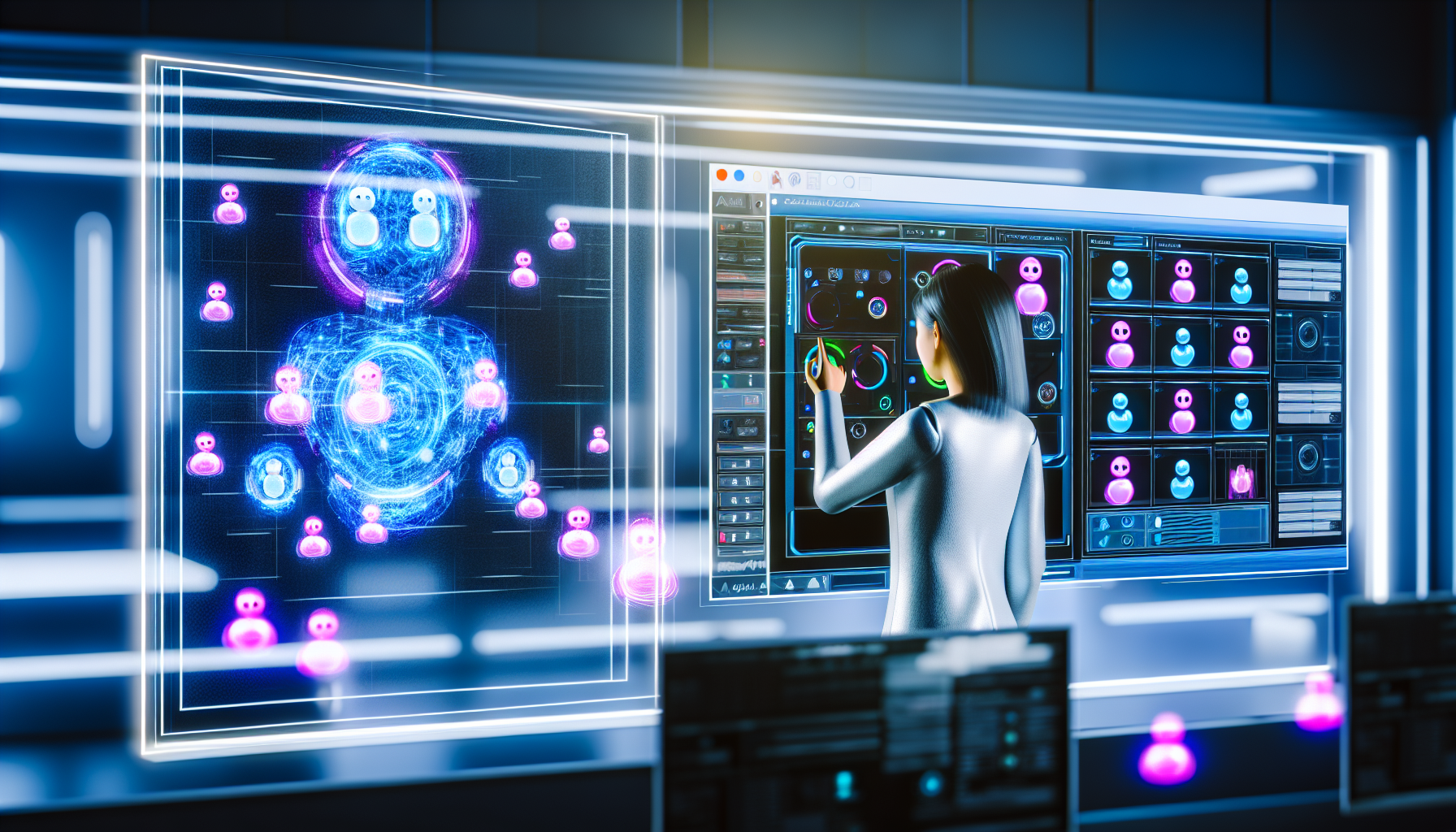 Erstellen Sie ein Bild, das das Konzept der Erstellung von Inhalten für soziale Medien mithilfe von künstlicher Intelligenz darstellt. Diese Szene kann eine futuristische Computeroberfläche mit verschiedenen Symbolen und Fenstern zeigen, die die Arbeit von KI-Algorithmen darstellen. Sie kann auch eine menschliche Figur, vielleicht eine asiatische weibliche KI-Ingenieurin, beinhalten, die dabei ist, Parameter anzupassen und die Ausgaben der KI auf einem großen Bildschirm zu überprüfen. Die gesamte Umgebung könnte in einem eleganten, modernen, hochmodernen Labor mit sanften Neonlichtern gestaltet sein, die der Atmosphäre einen futuristischen Touch verleihen.