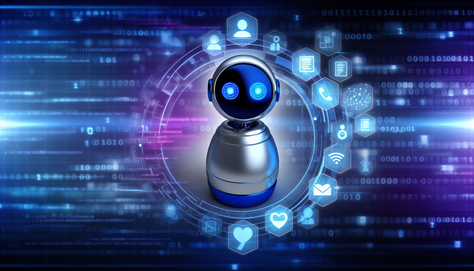 Stellen Sie das Konzept der kÃ¼nstlichen Intelligenz dar, die Inhalte fÃ¼r soziale Medien erstellt. Das Bild sollte ein futuristisches KI-GerÃ¤t oder einen Bot zeigen, der in einem eleganten, silbernen und blauen Design gestaltet ist und mÃ¶glicherweise im Cyberspace schwebt. Es sollte verschiedene Arten von Inhalten fÃ¼r soziale Medien generieren, wie BlogbeitrÃ¤ge, Tweets, Bilder oder Livestream-Videos, die durch verschiedene Symbole oder Hologramme dargestellt werden. Im Hintergrund kann eine digitale Schnittstelle mit BinÃ¤rcode und Netzwerksymbolen die Kulisse einer Social-Media-Plattform bieten.