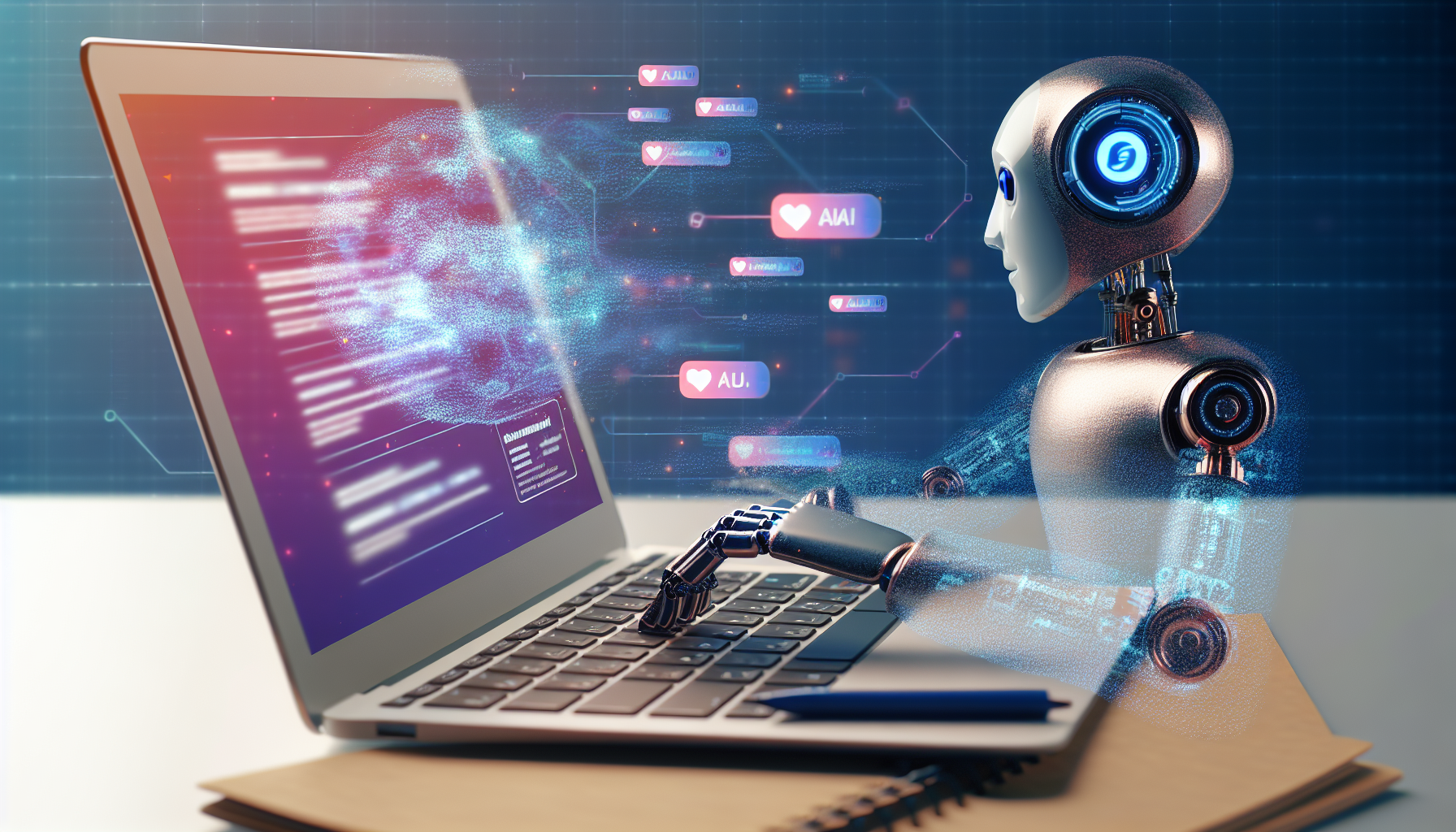 Erstellen Sie ein Bild, das ein Konzept zeigt, bei dem kÃ¼nstliche Intelligenz Materialien fÃ¼r soziale Medien erstellt. Es kÃ¶nnte eine hochentwickelte robotische Hand sein, die auf einem Laptop tippt und kreative BeitrÃ¤ge fÃ¼r soziale Medien entwickelt. Der Laptop-Bildschirm zeigt eine weit verbreitete Social-Media-Plattform, auf der digitale Inhalte in Echtzeit erstellt werden. Neben dem Laptop steht ein futuristischer KI-Roboter, der die Kontrolle hat, mit einem digitalen Blueprint von Social-Media-Analysen, der um seinen Kopf schwebt und anzeigt, wie die KI entscheidet, welche Inhalte basierend auf verschiedenen Metriken und beliebten Trends auf der Plattform erstellt werden sollen.